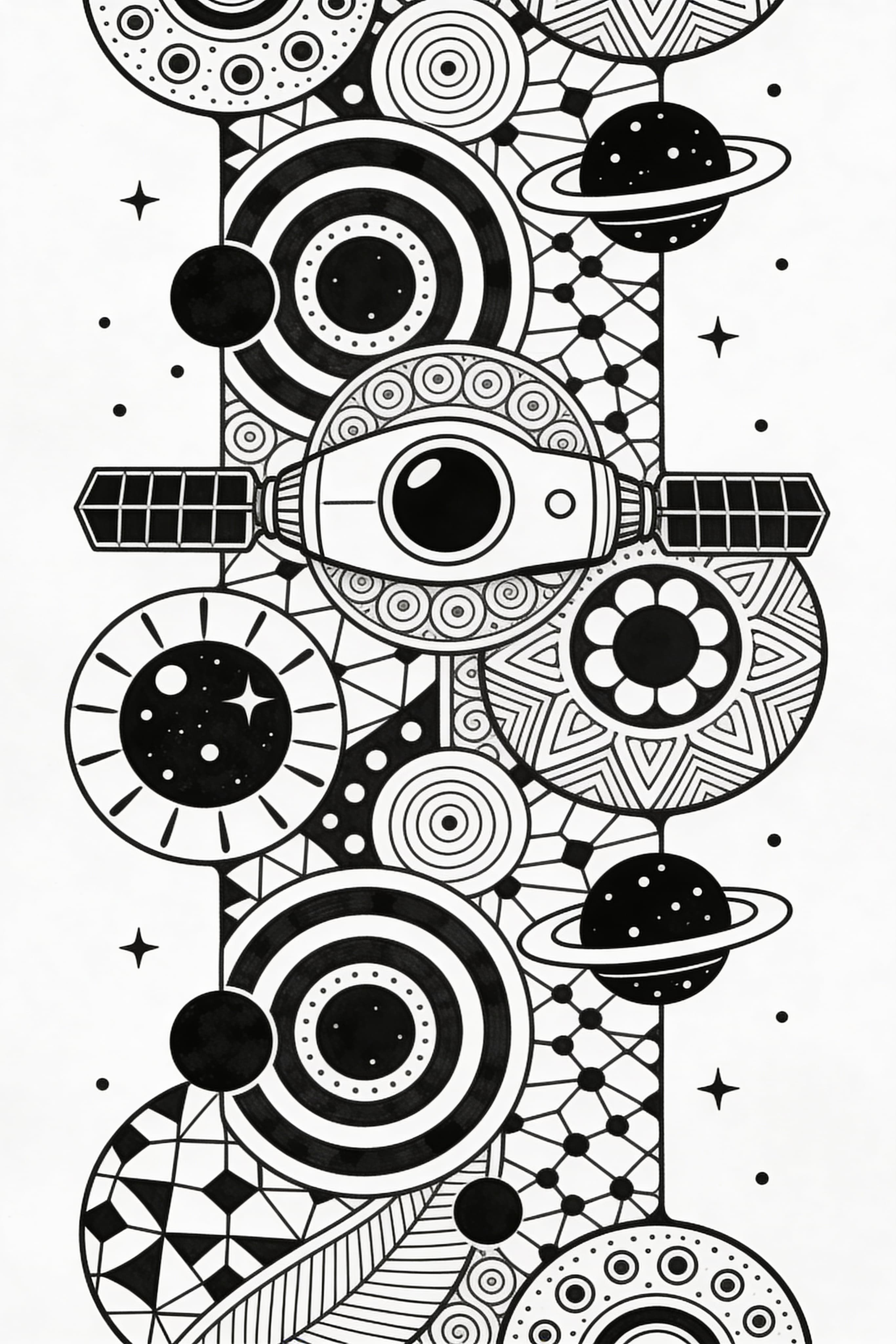 Zentangle style space adventure coloring page with stars and planets