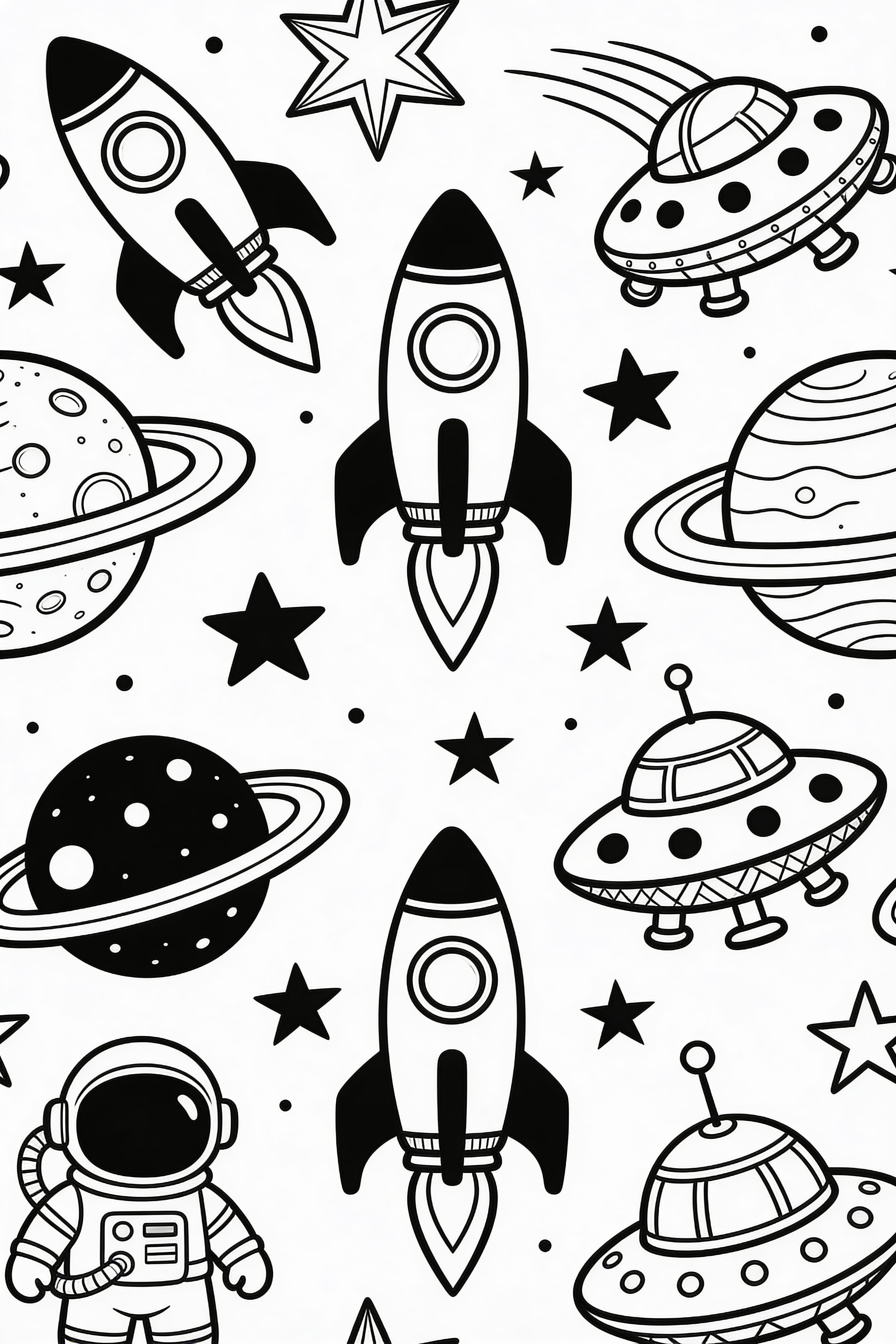Zentangle style space adventure printable coloring page with stars and planets