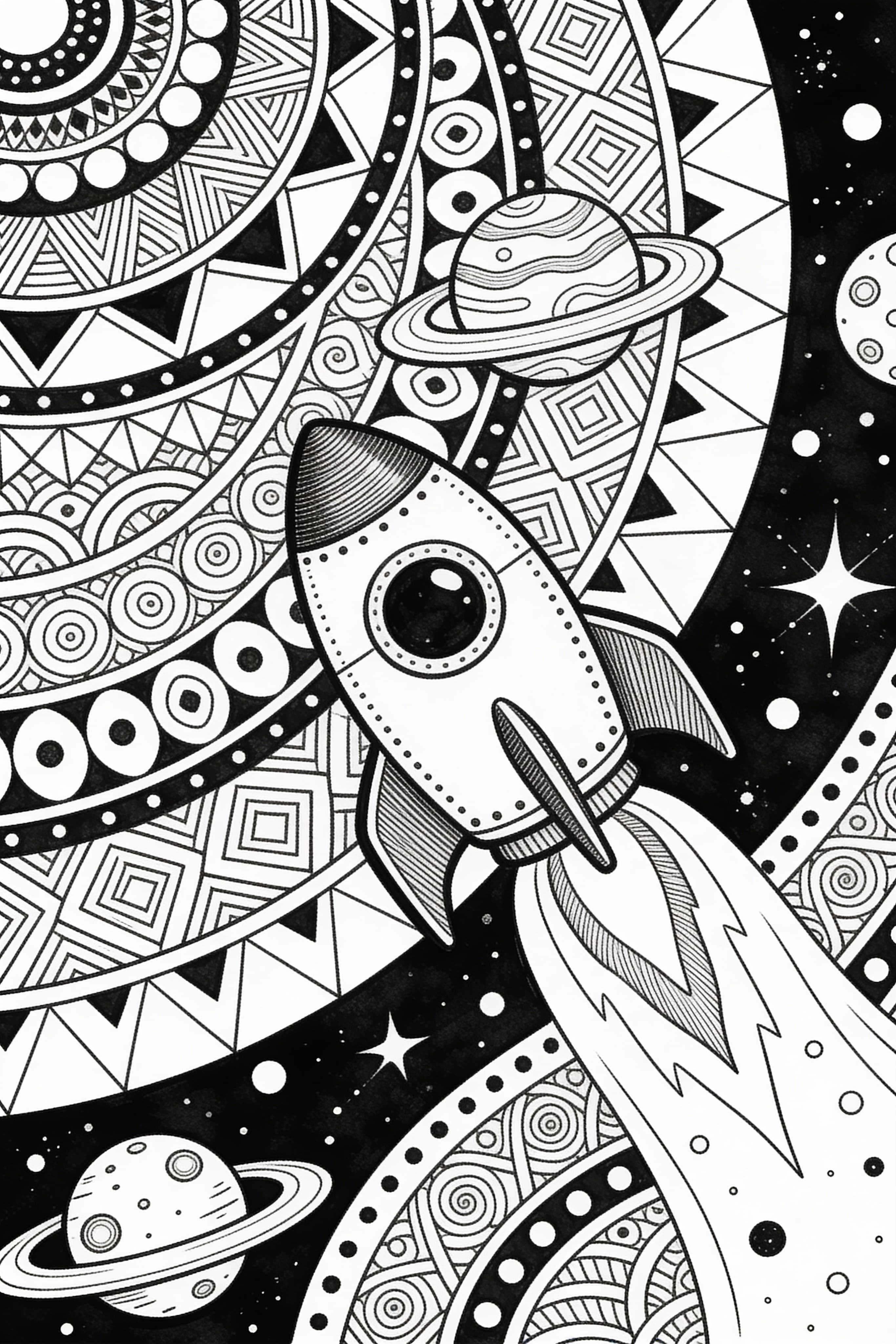 Intricate Zentangle style space adventure and exploration coloring page