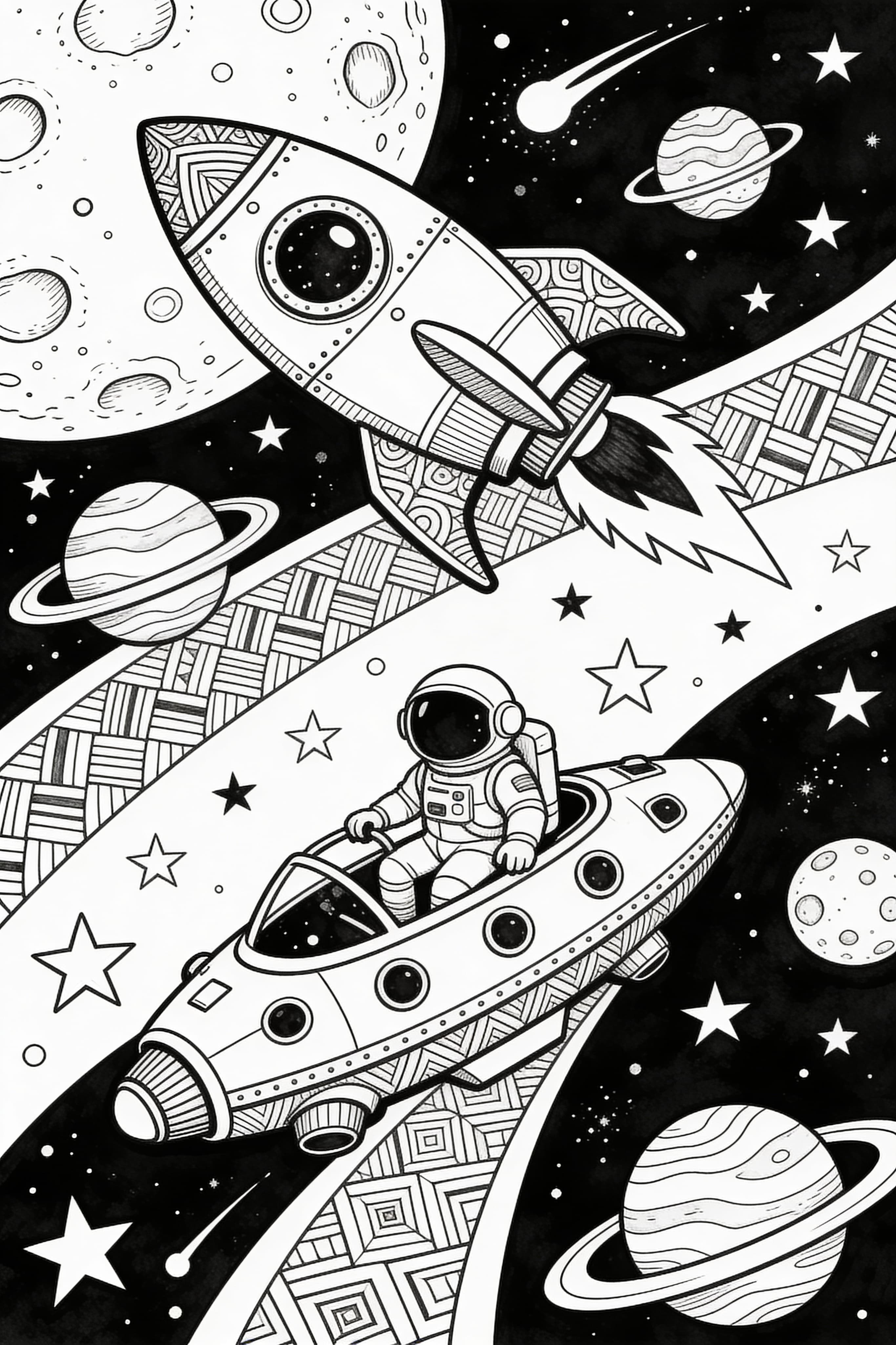 Free Zentangle style space adventure and exploration printable coloring page
