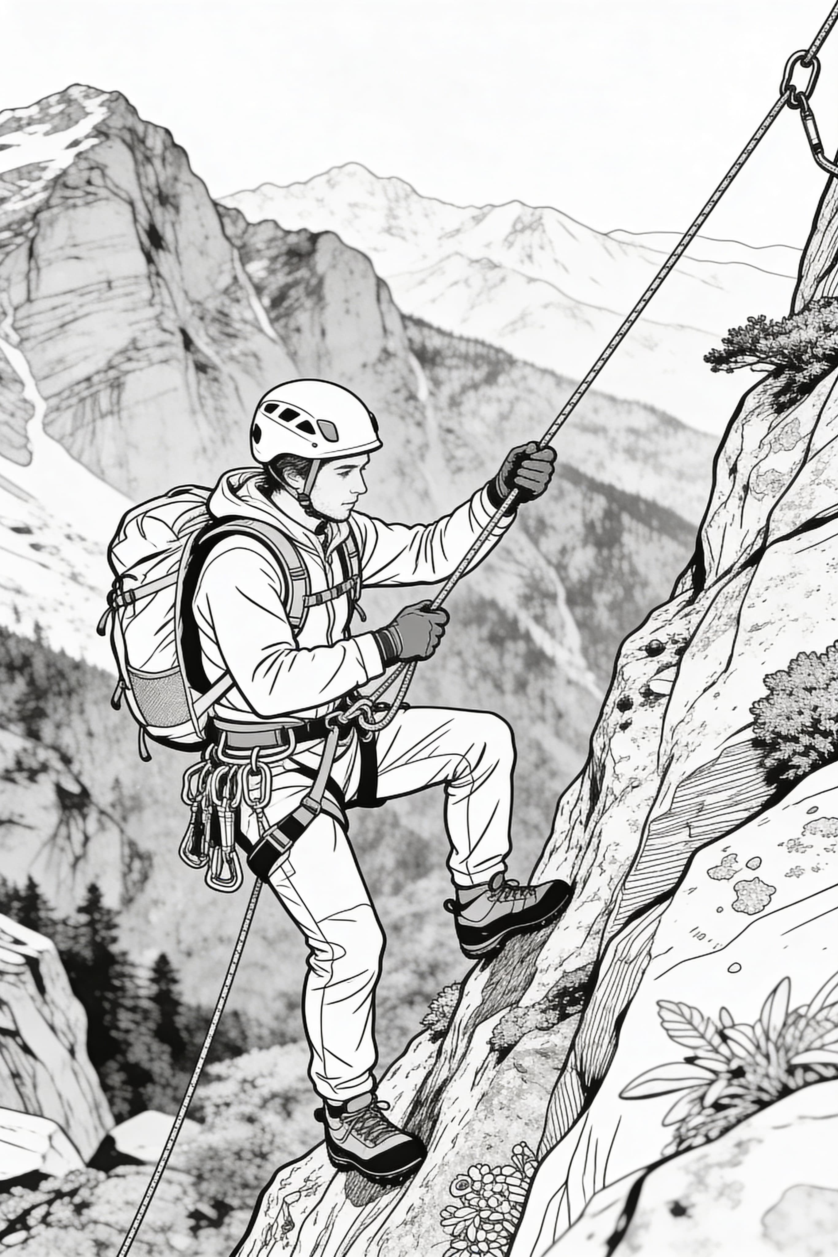 Detailed coloring page of a climber on an adventure for adults