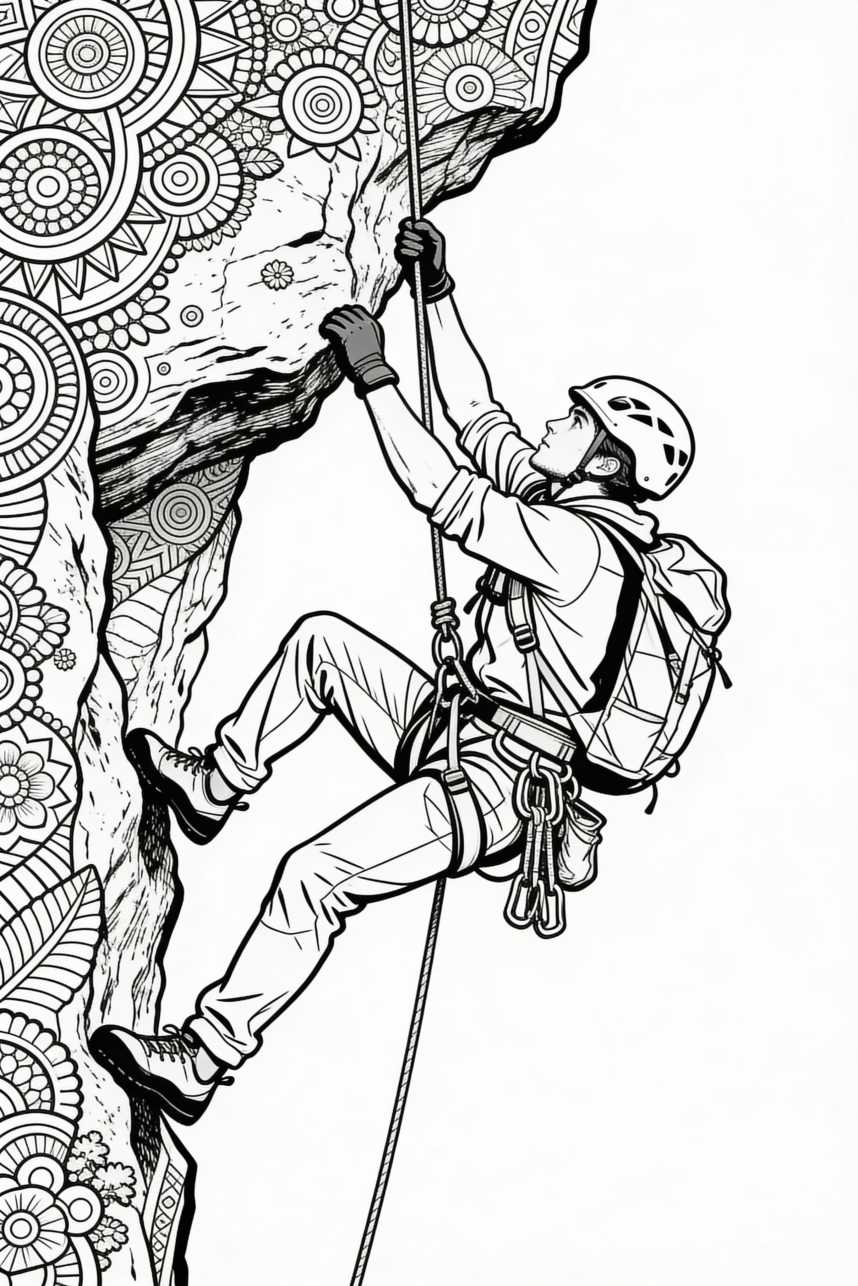 Detailed adult coloring page of a climber on an adventure