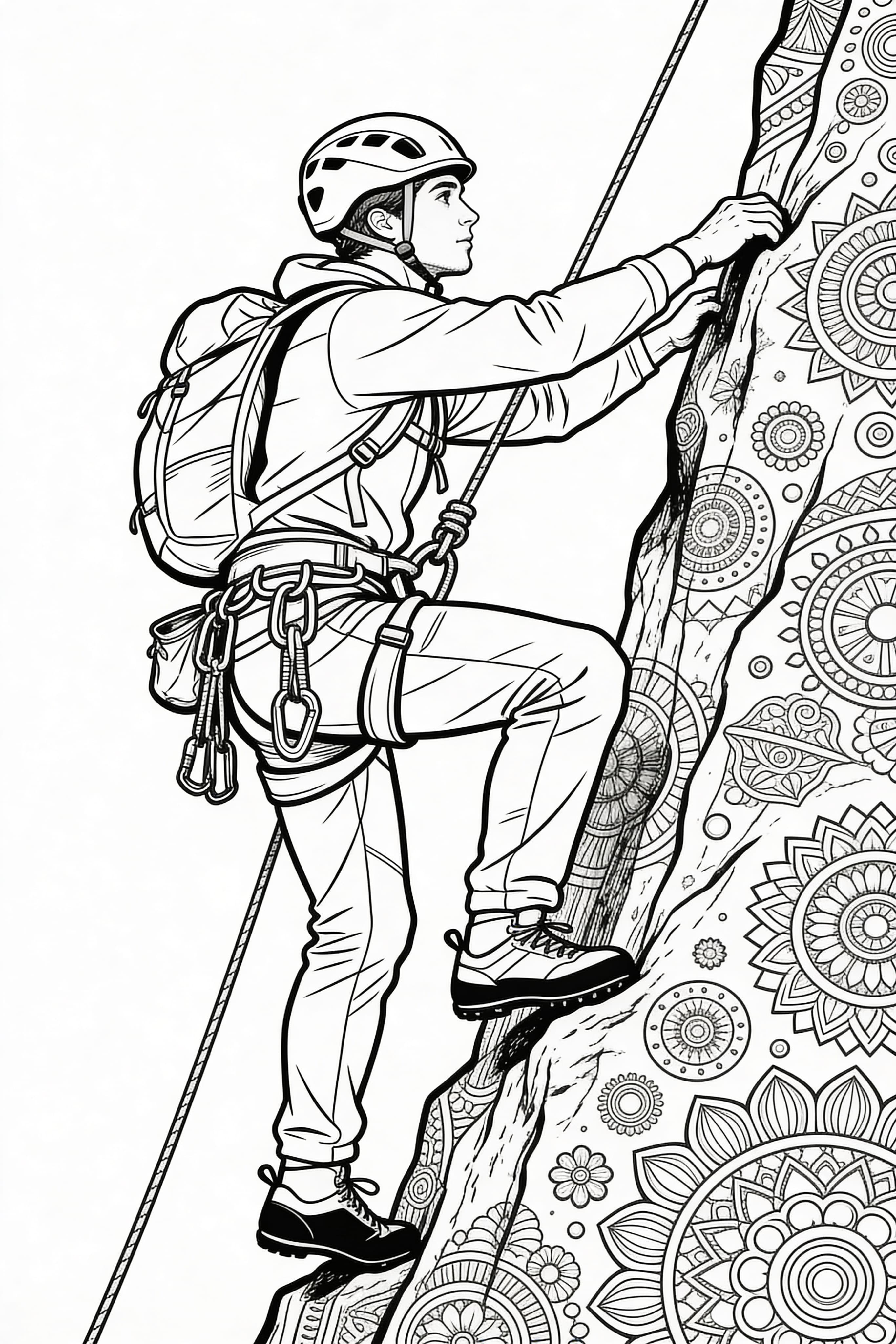 Detailed coloring page of a cool climber on an adventure for adults