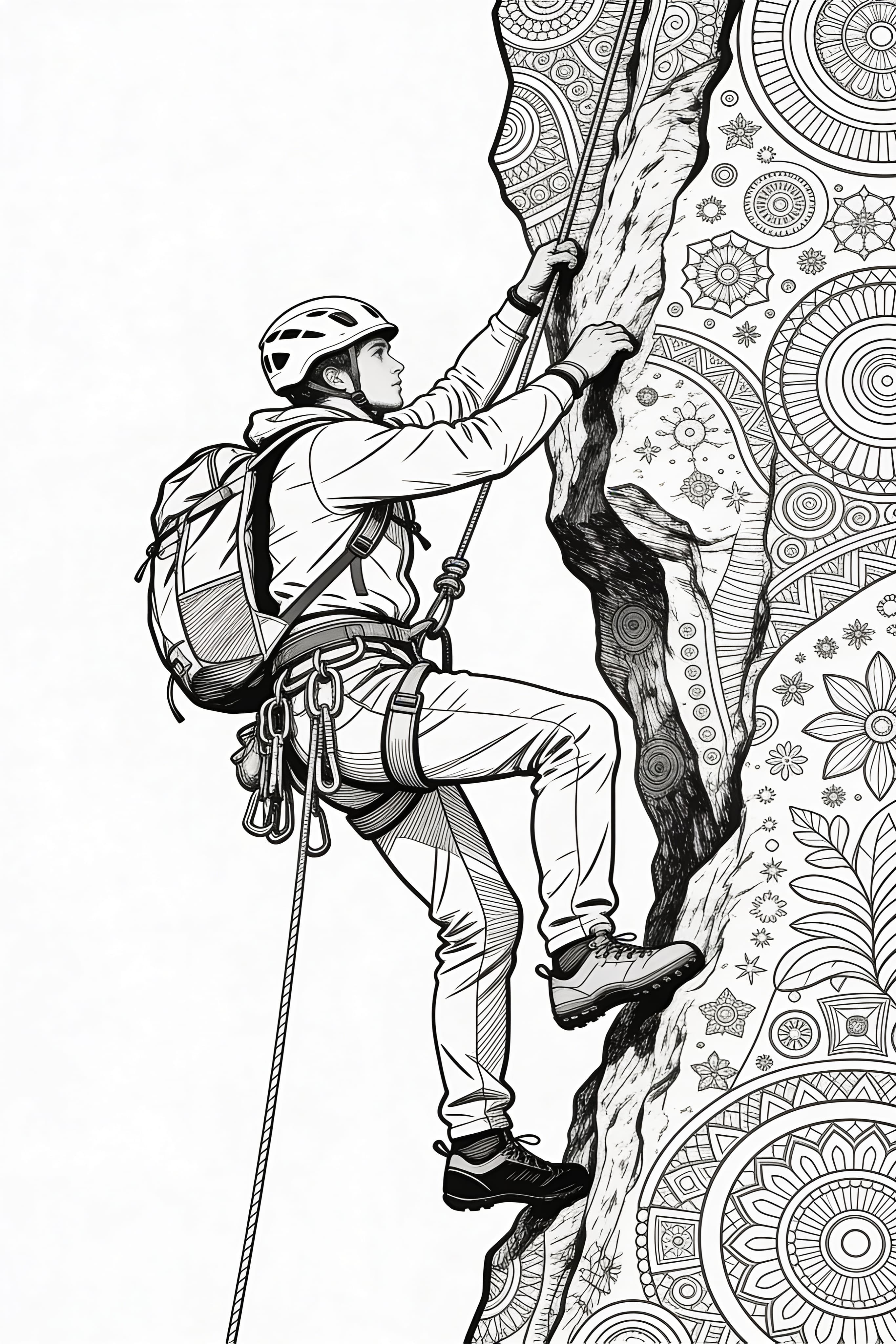 Detailed adult coloring page of a cool climber on an adventure