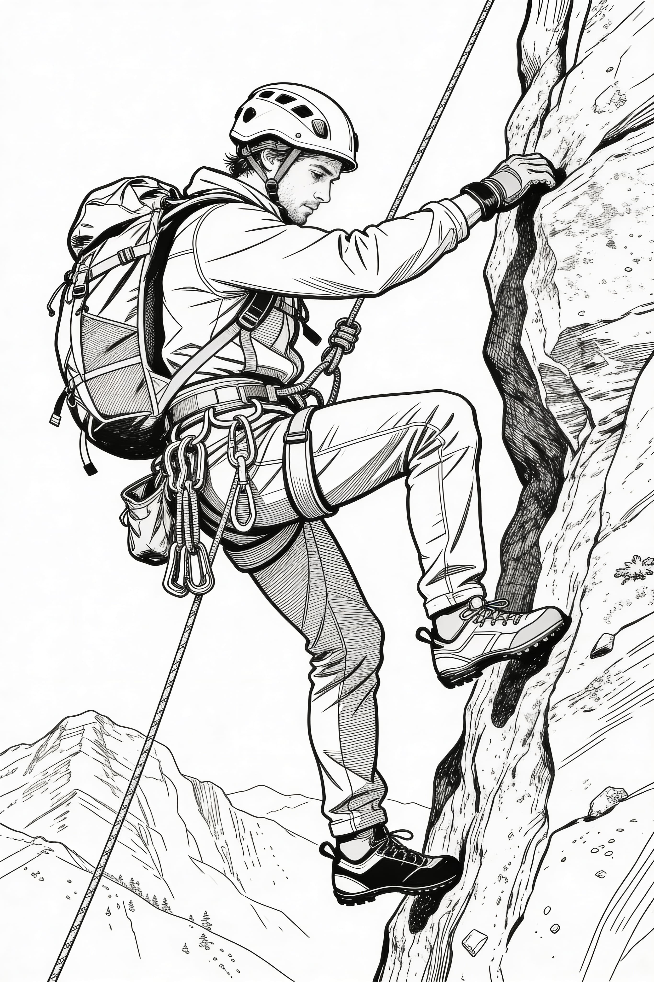 Detailed adult coloring page featuring a climber on an adventure
