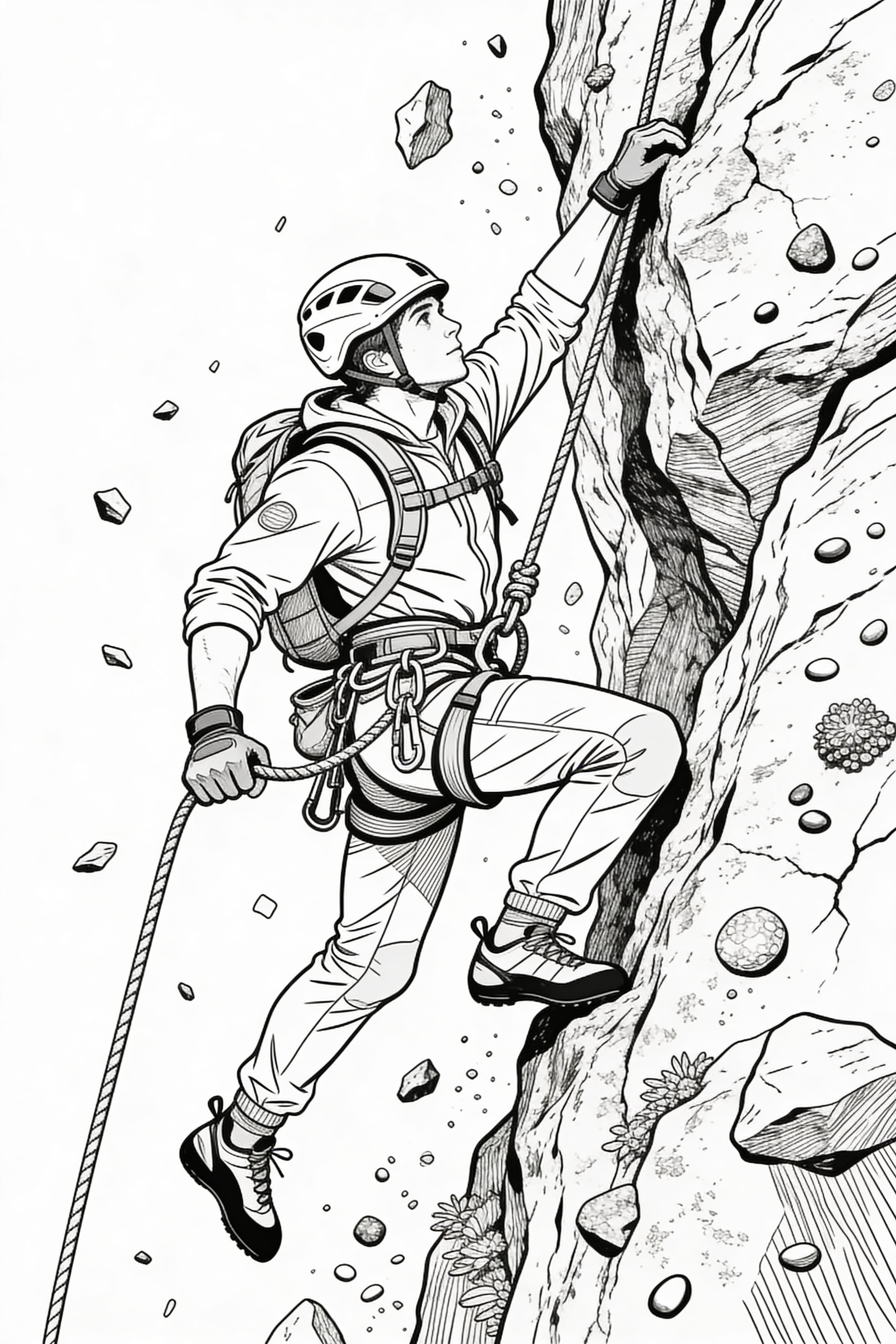 Detailed coloring page of a cool climber on an adventure for adults