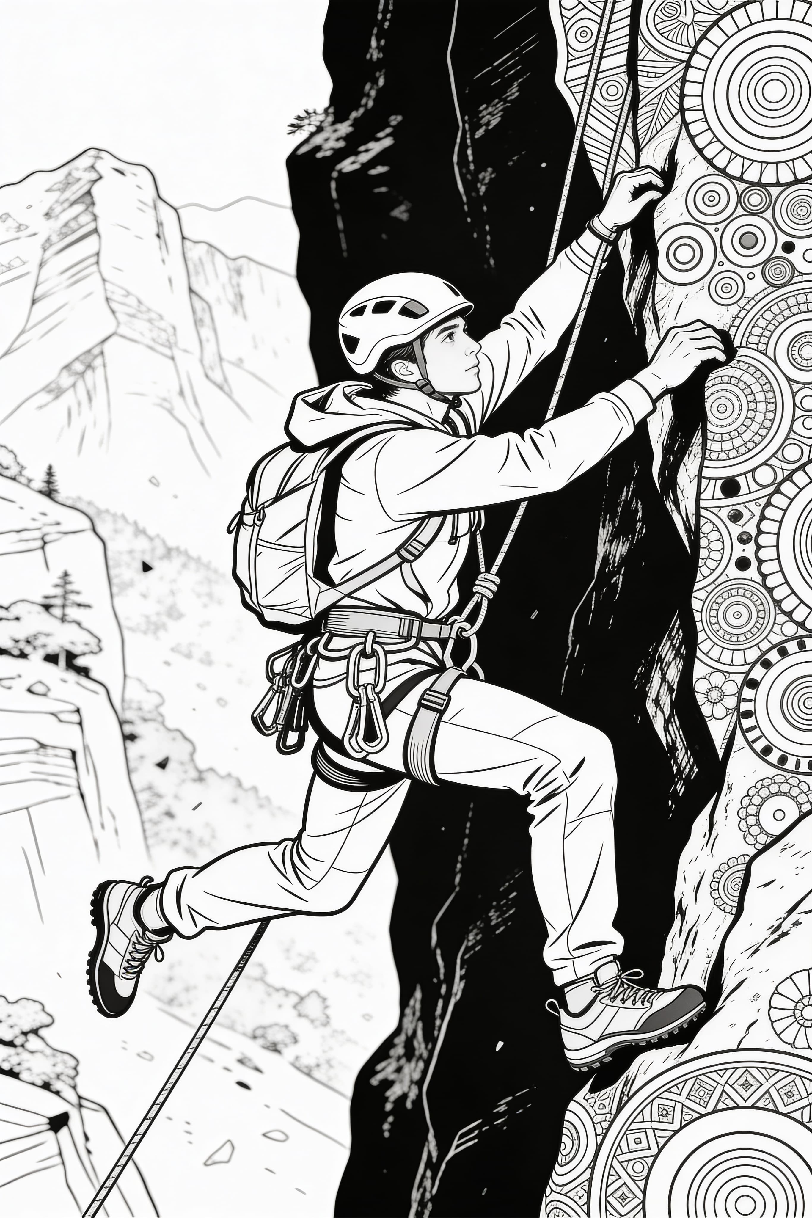 Detailed adult coloring page of a climber on an adventure