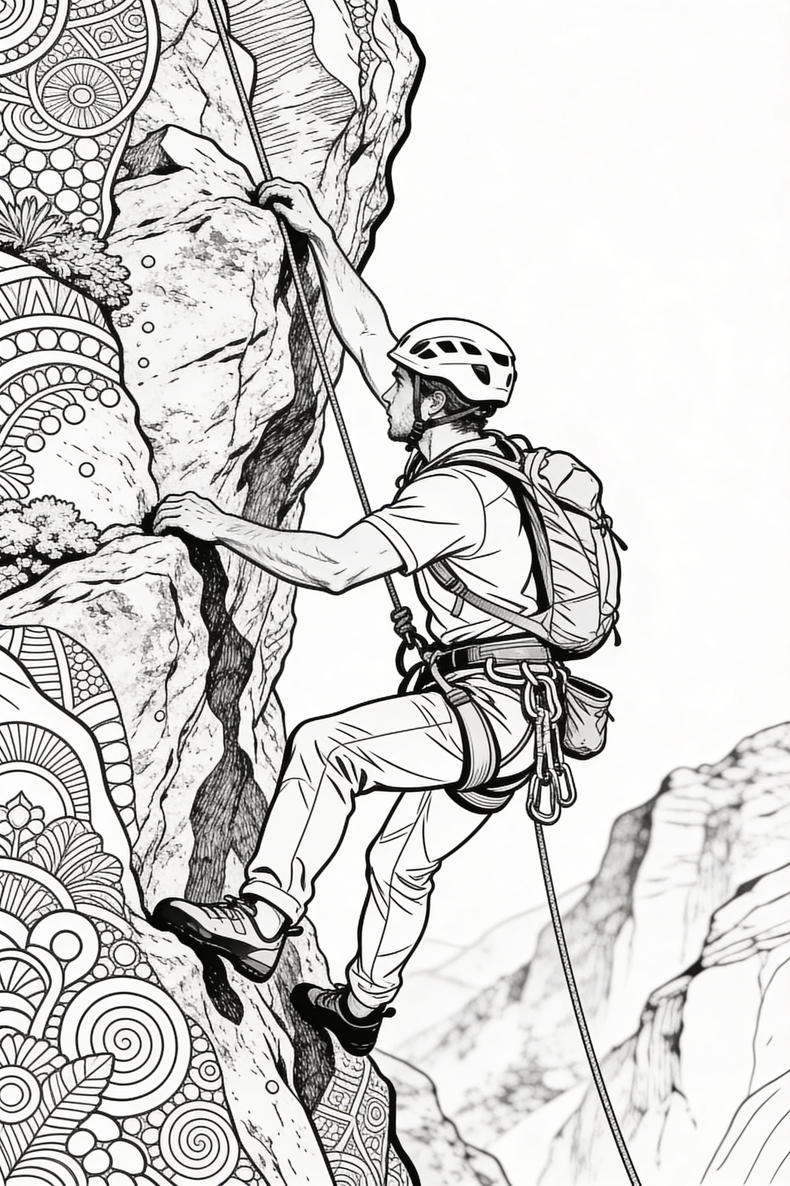 Detailed coloring page of a climber on an adventure, printable for adults