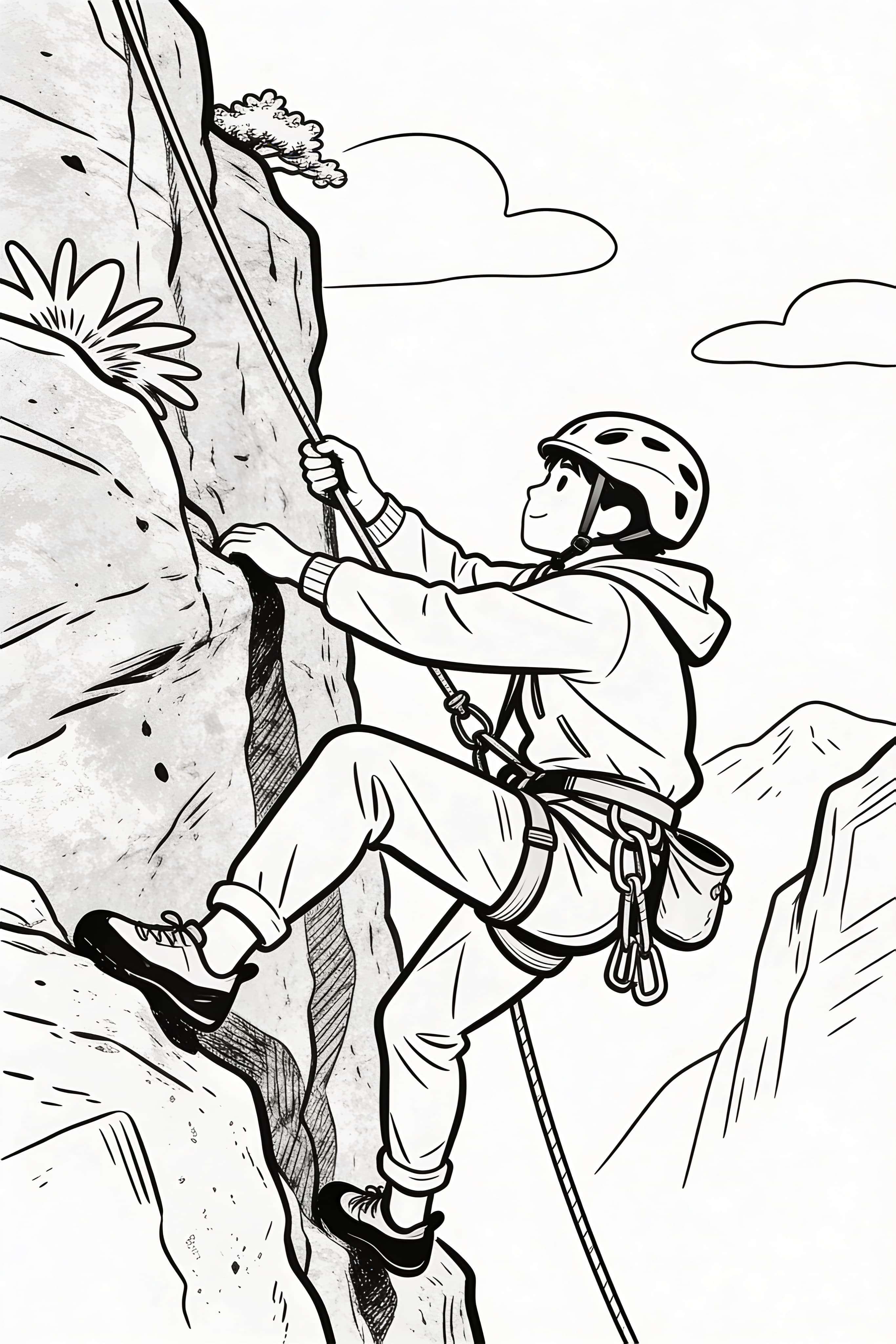 A doodle-style coloring page of a climber on an adventure