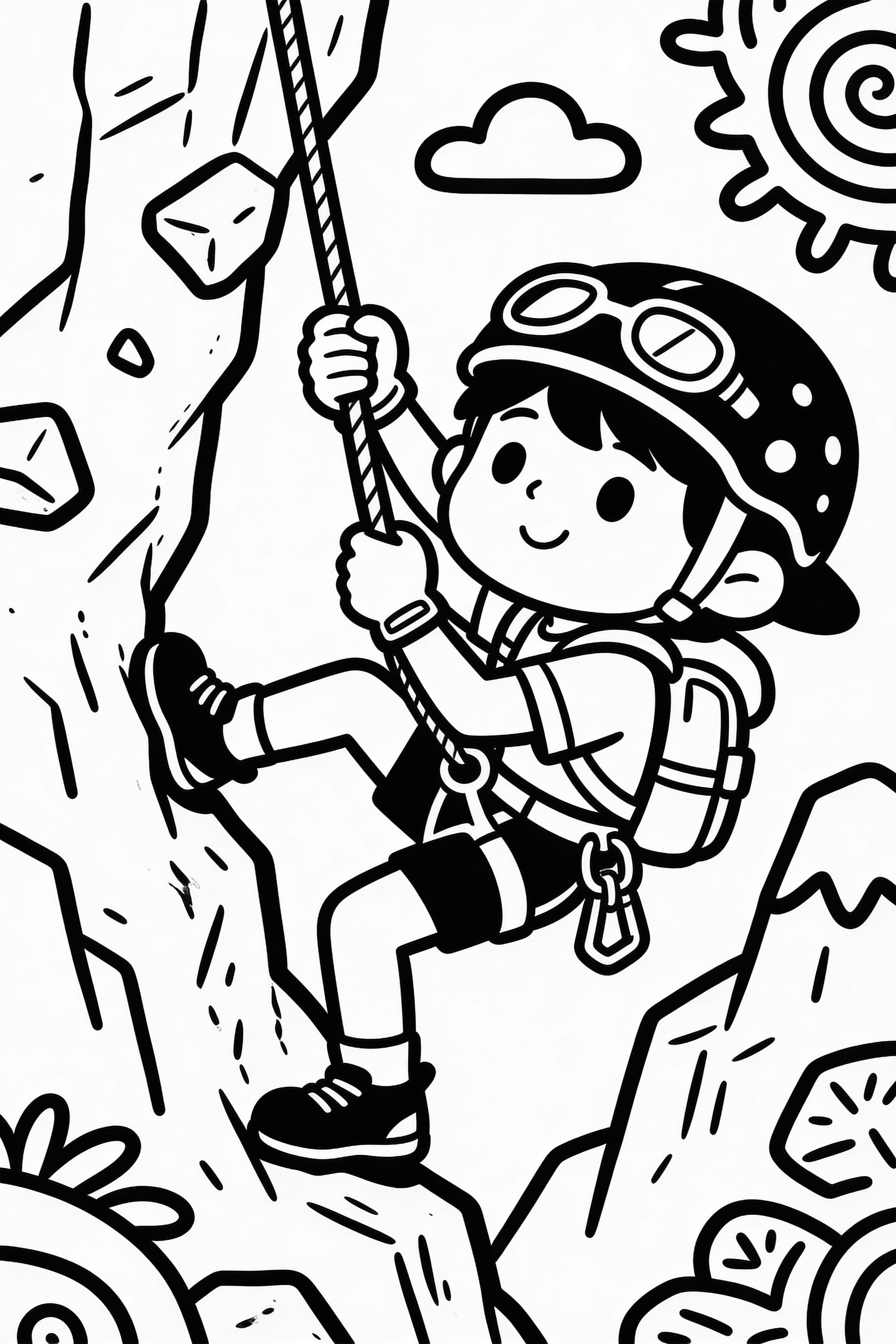 Cool climber on an adventure doodle style coloring page