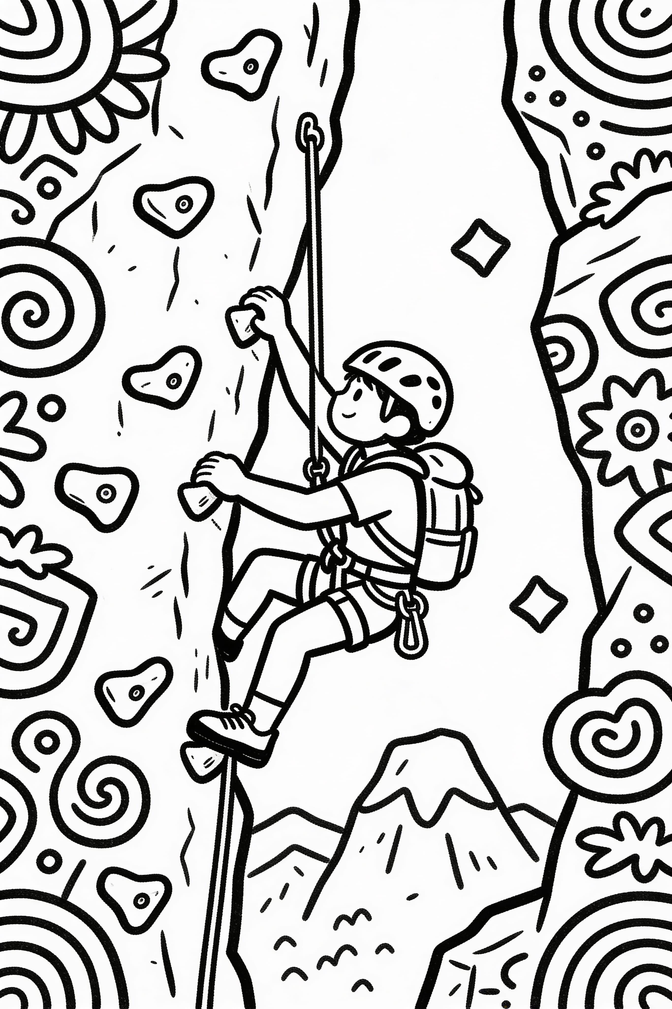 A cool climber on an adventure, scaling a mountain in a doodle style