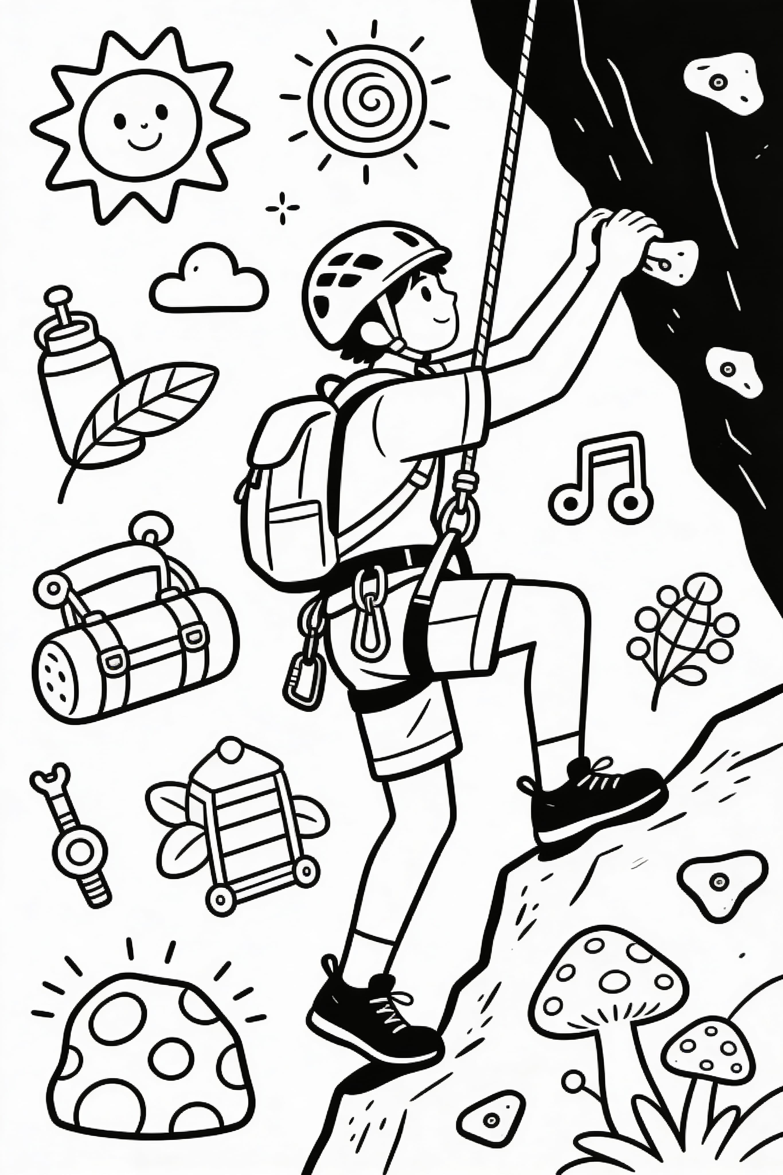 Doodle style coloring page of a cool climber on an adventure