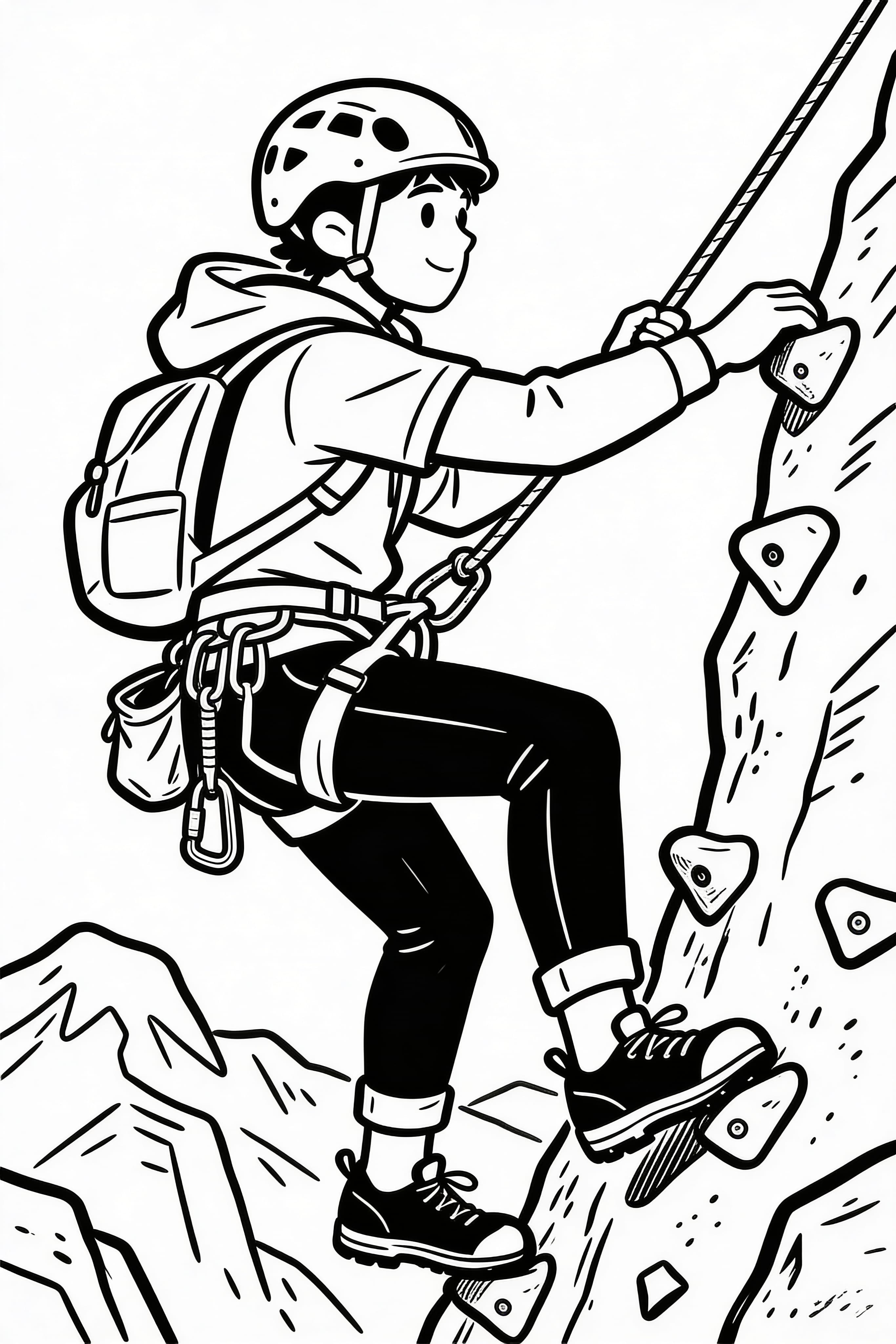 A doodle style coloring page featuring a climber on an adventure