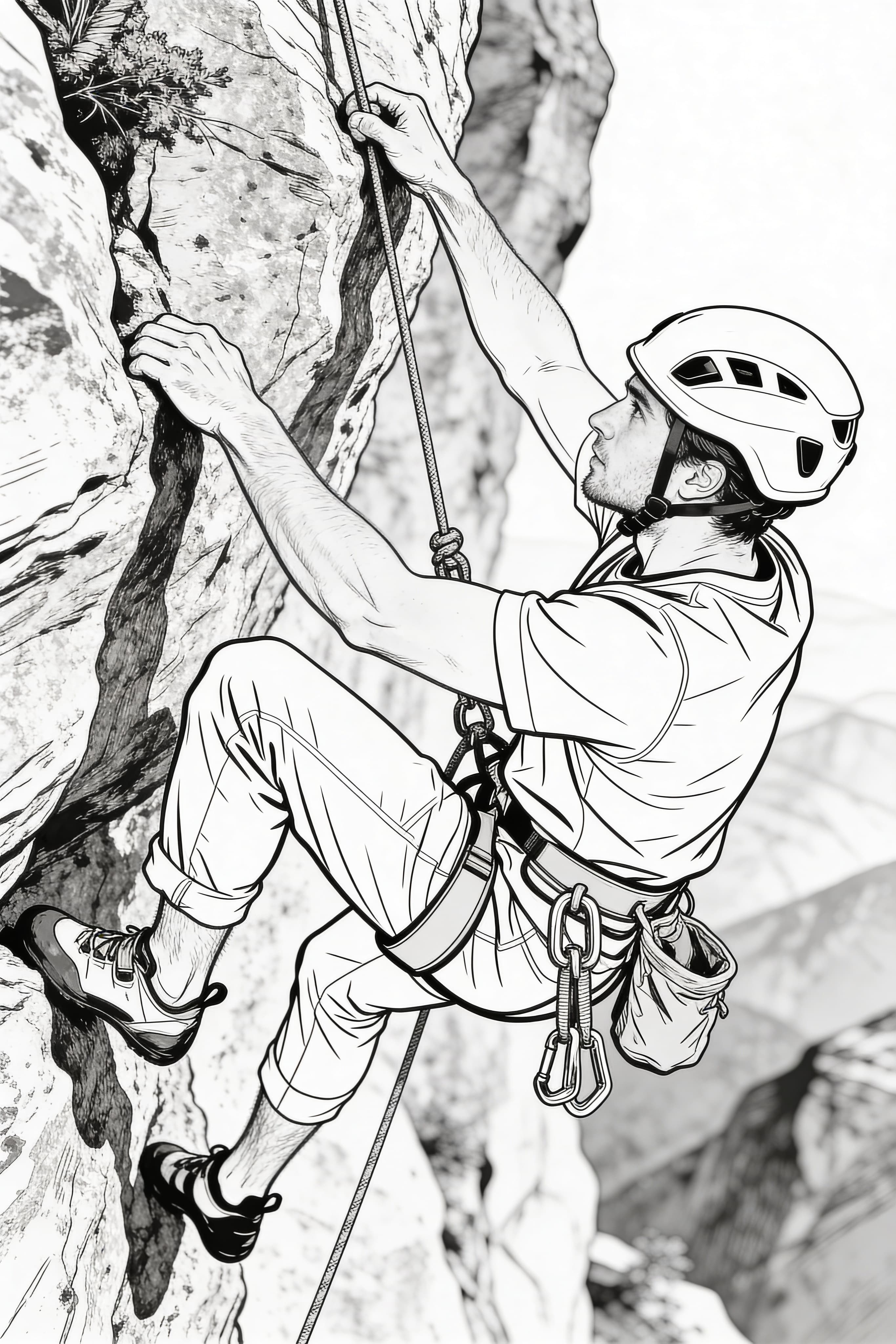 Realistic coloring page of a cool climber on an adventure