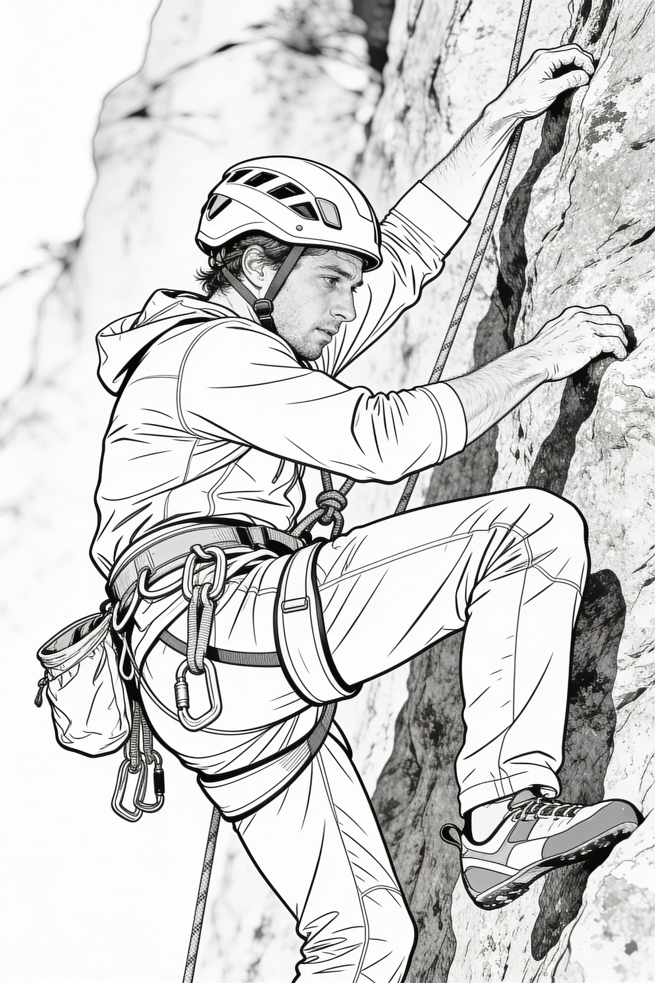 Printable coloring page of a climber on an adventure