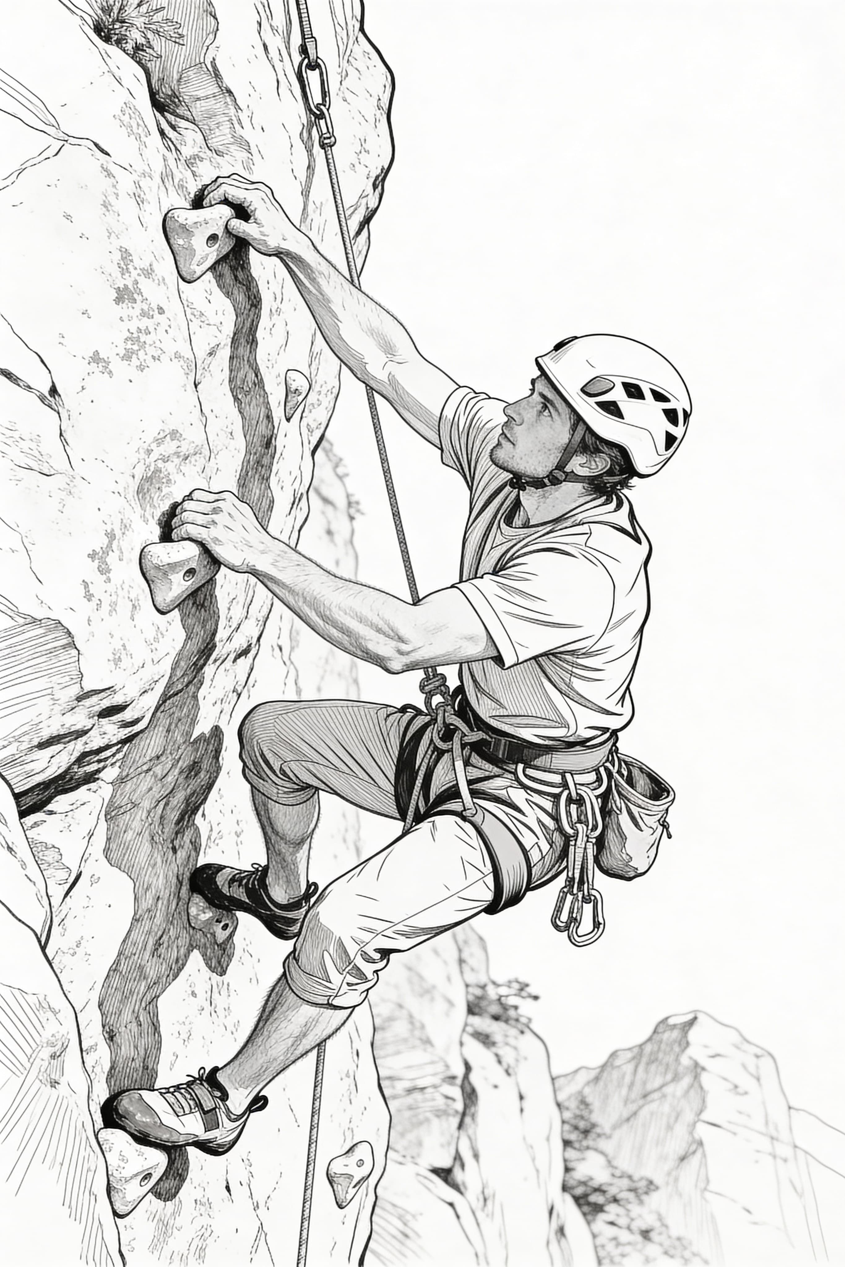 Realistic coloring page of a cool climber on an adventure