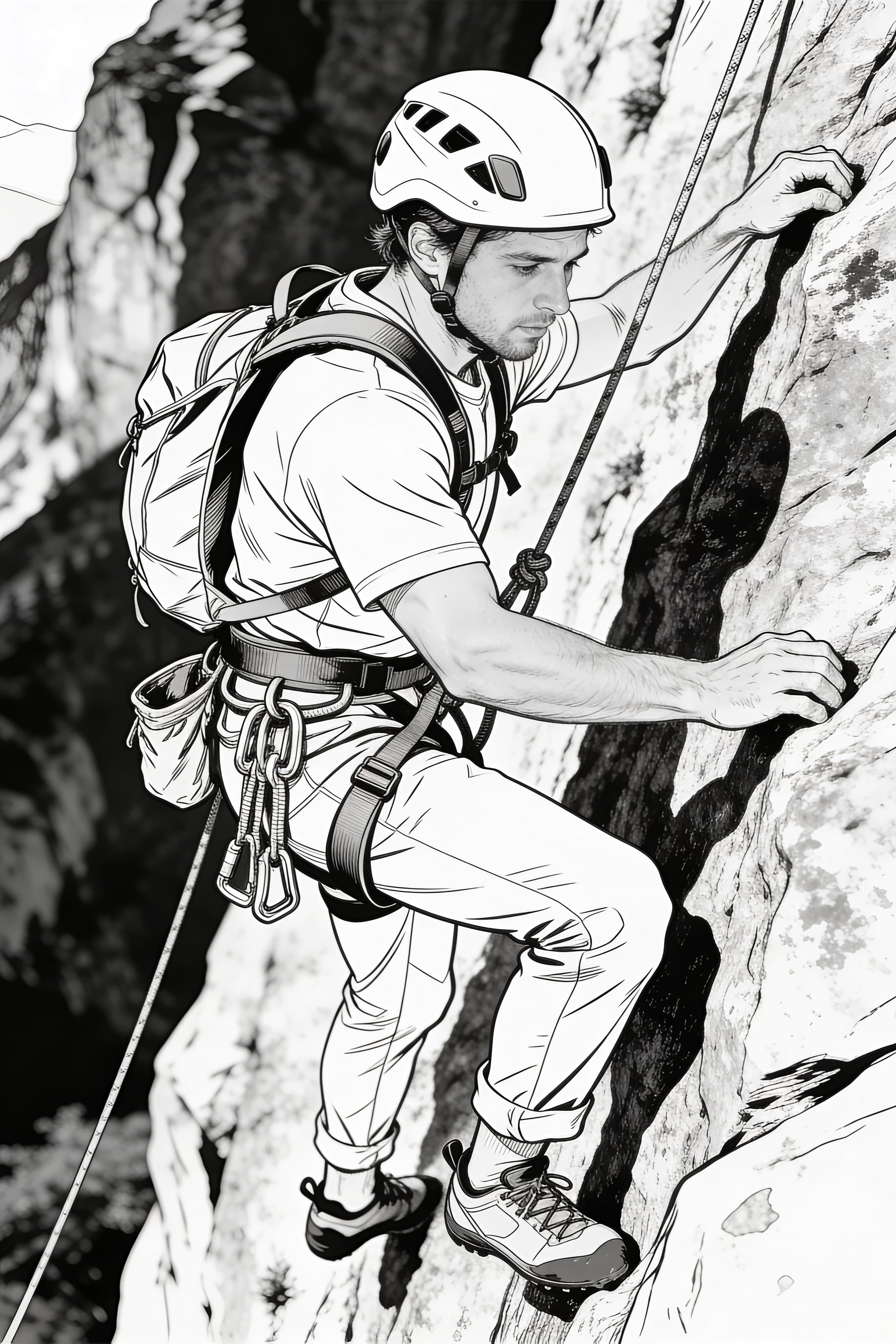 Realistic cool climber on an adventure, printable coloring page