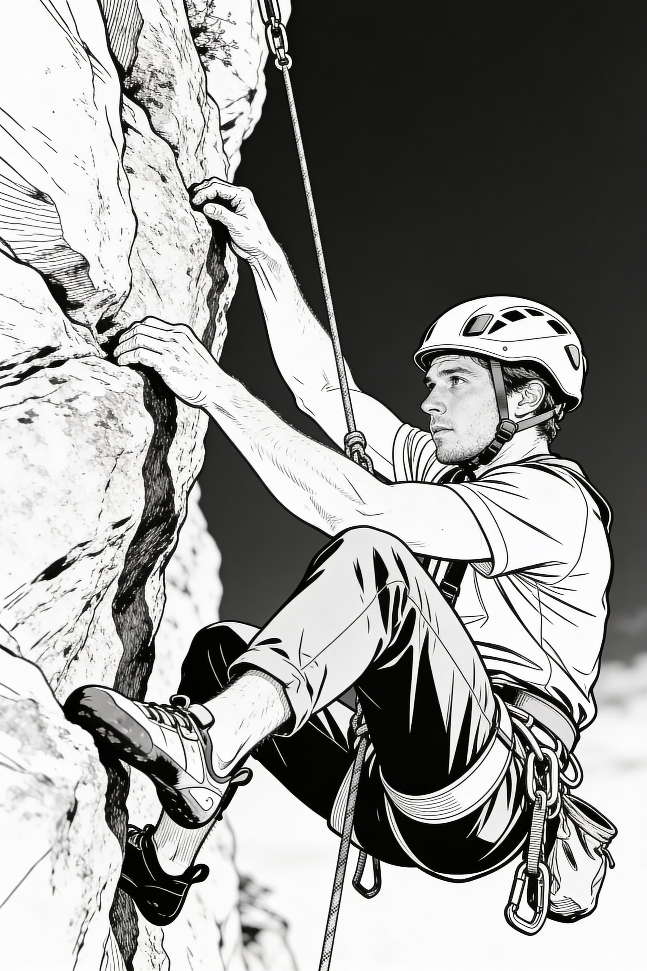 Realistic coloring page of a climber on an adventure