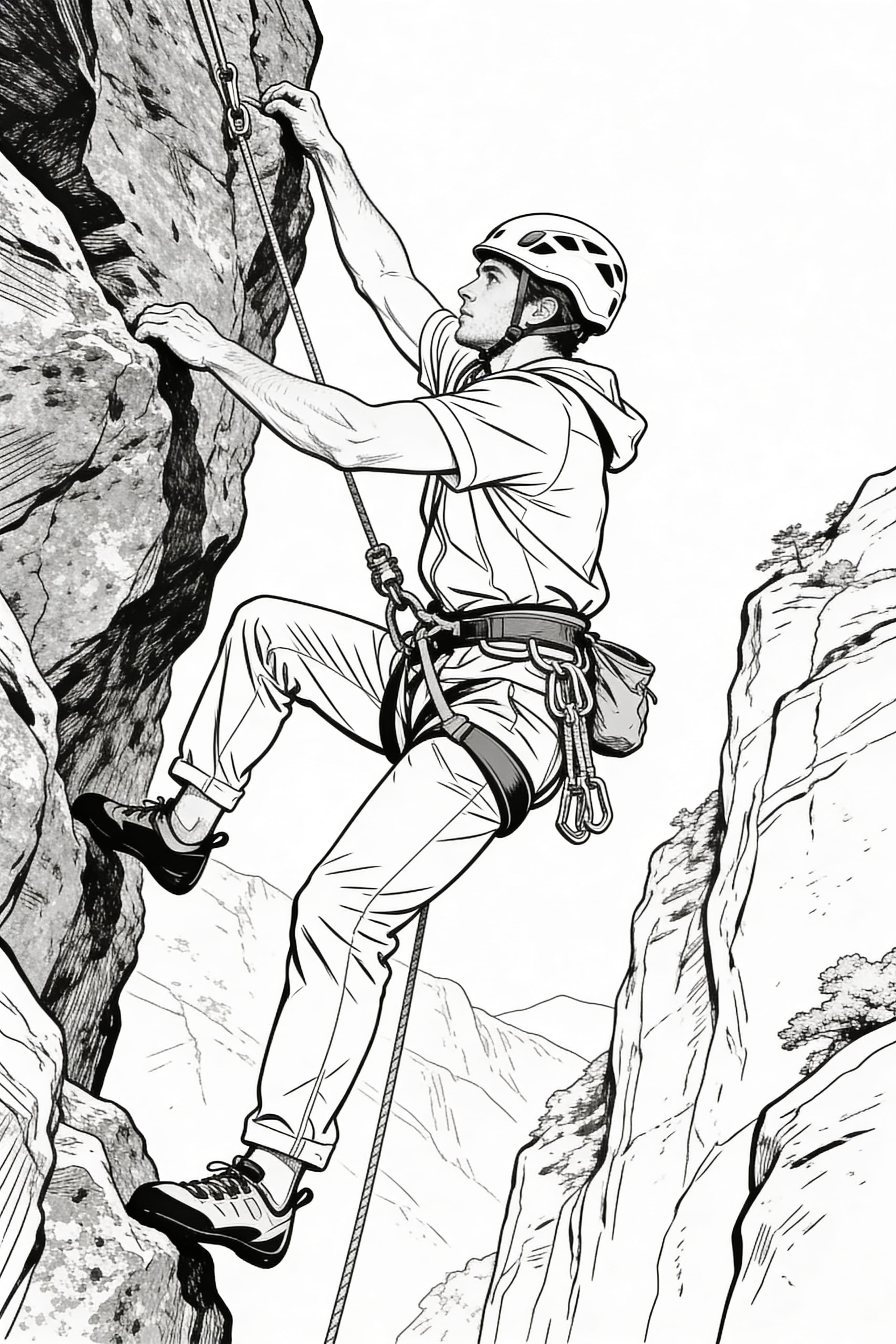 Realistic style cool climber on an adventure coloring page