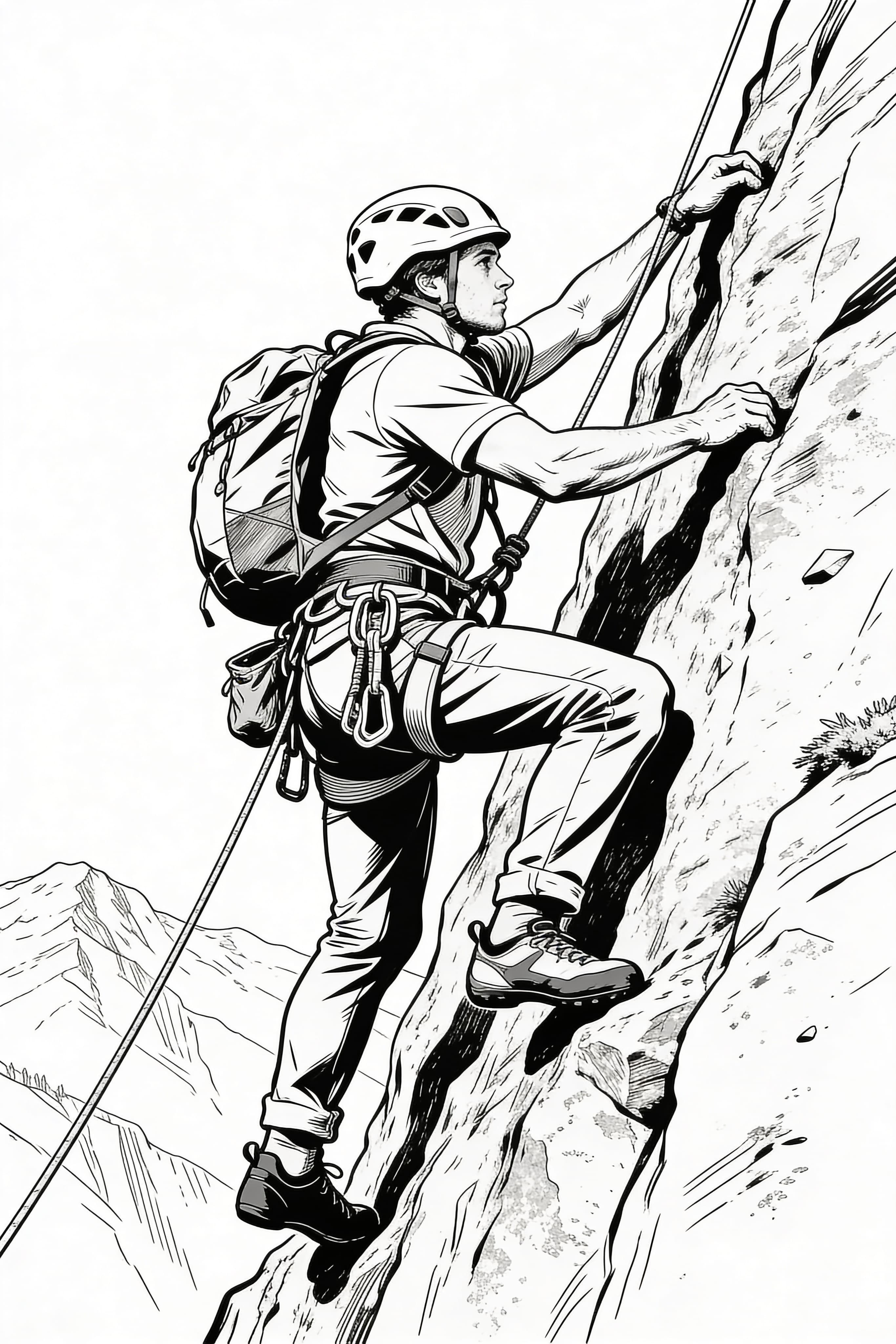 Realistic style cool climber on an adventure coloring page