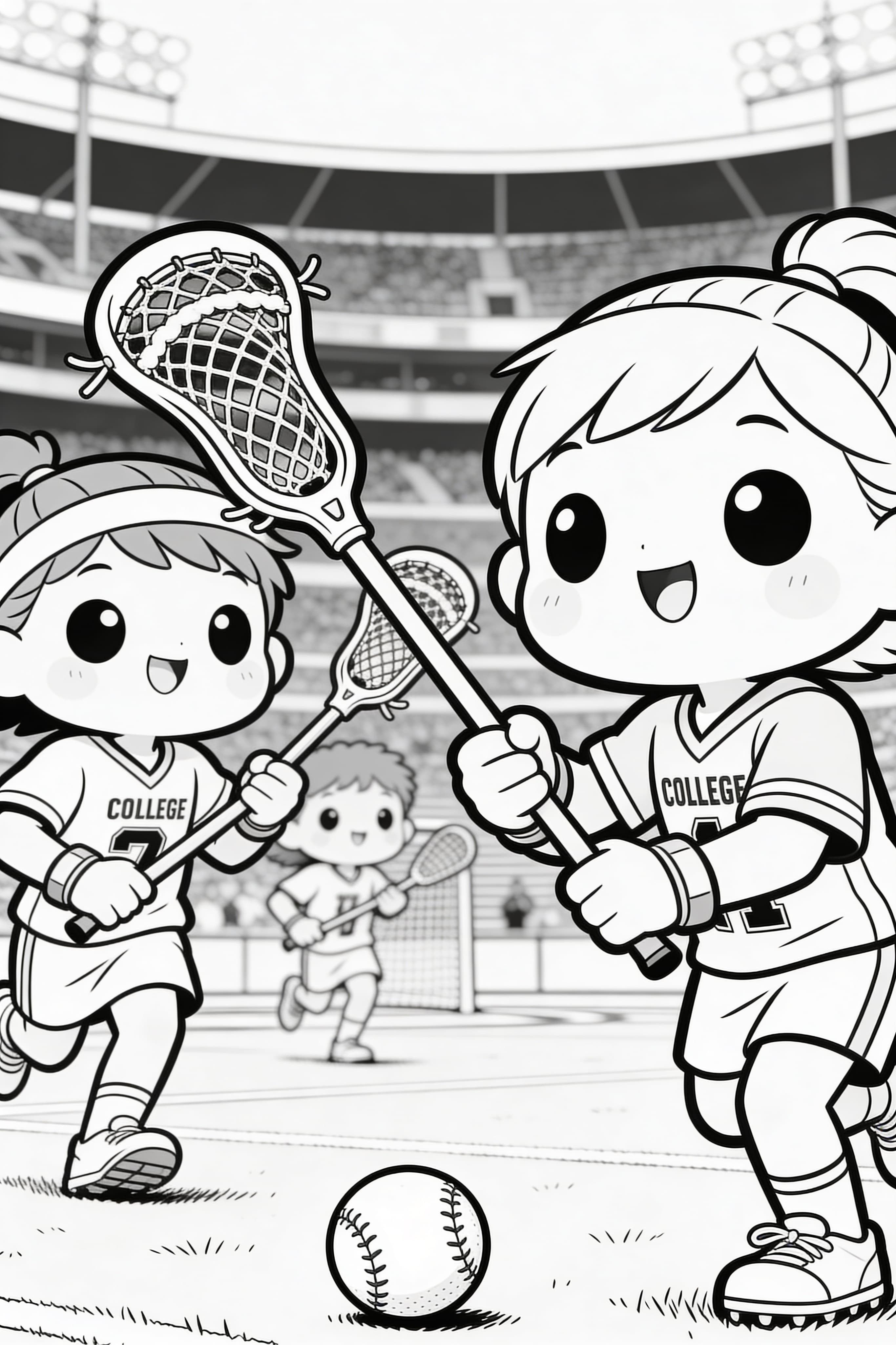 Cute cartoon college students playing lacrosse in a match