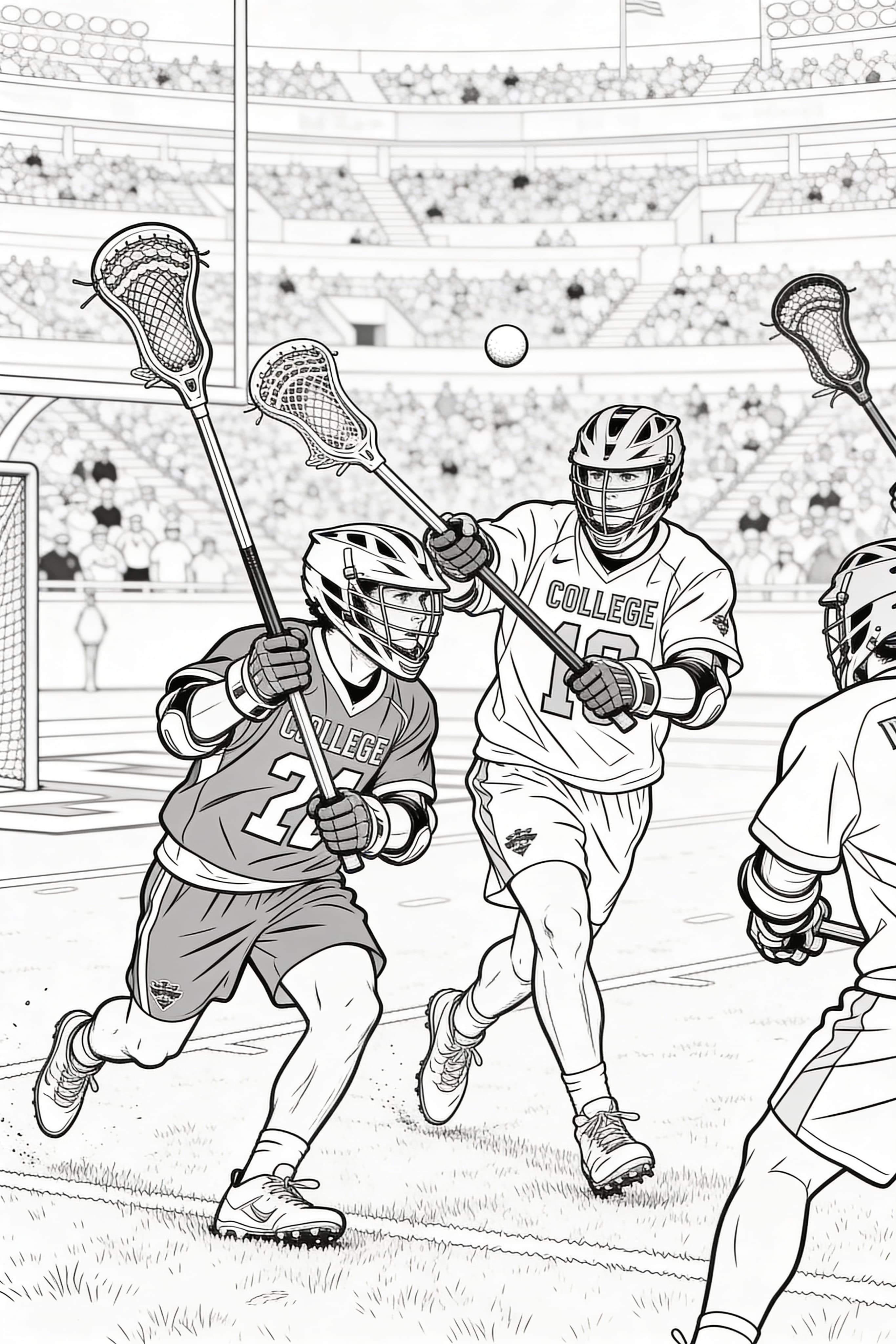 Detailed coloring page of college students in a lacrosse match