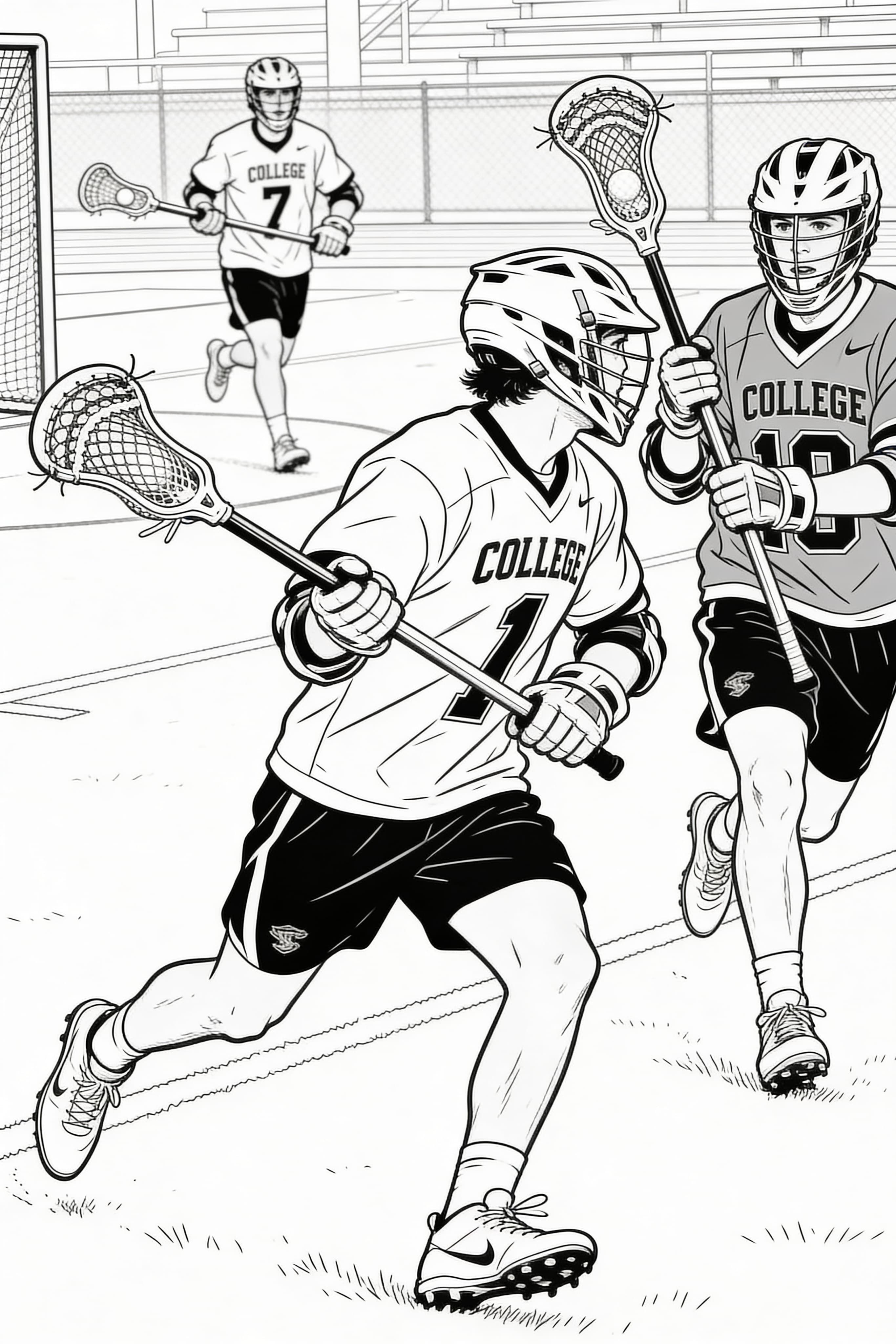 College students playing lacrosse in an intense match coloring page
