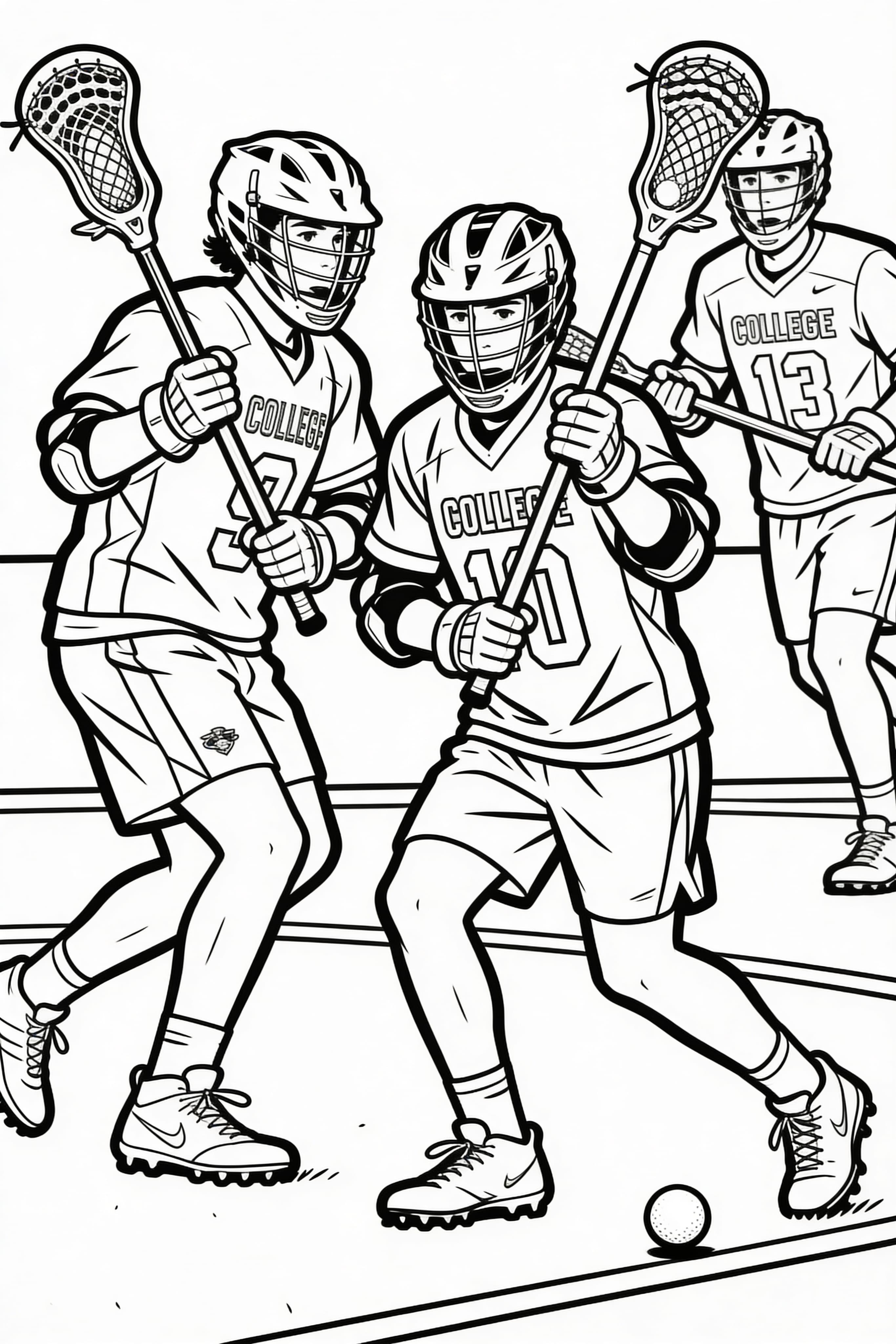 College students playing a lacrosse match, simple coloring page