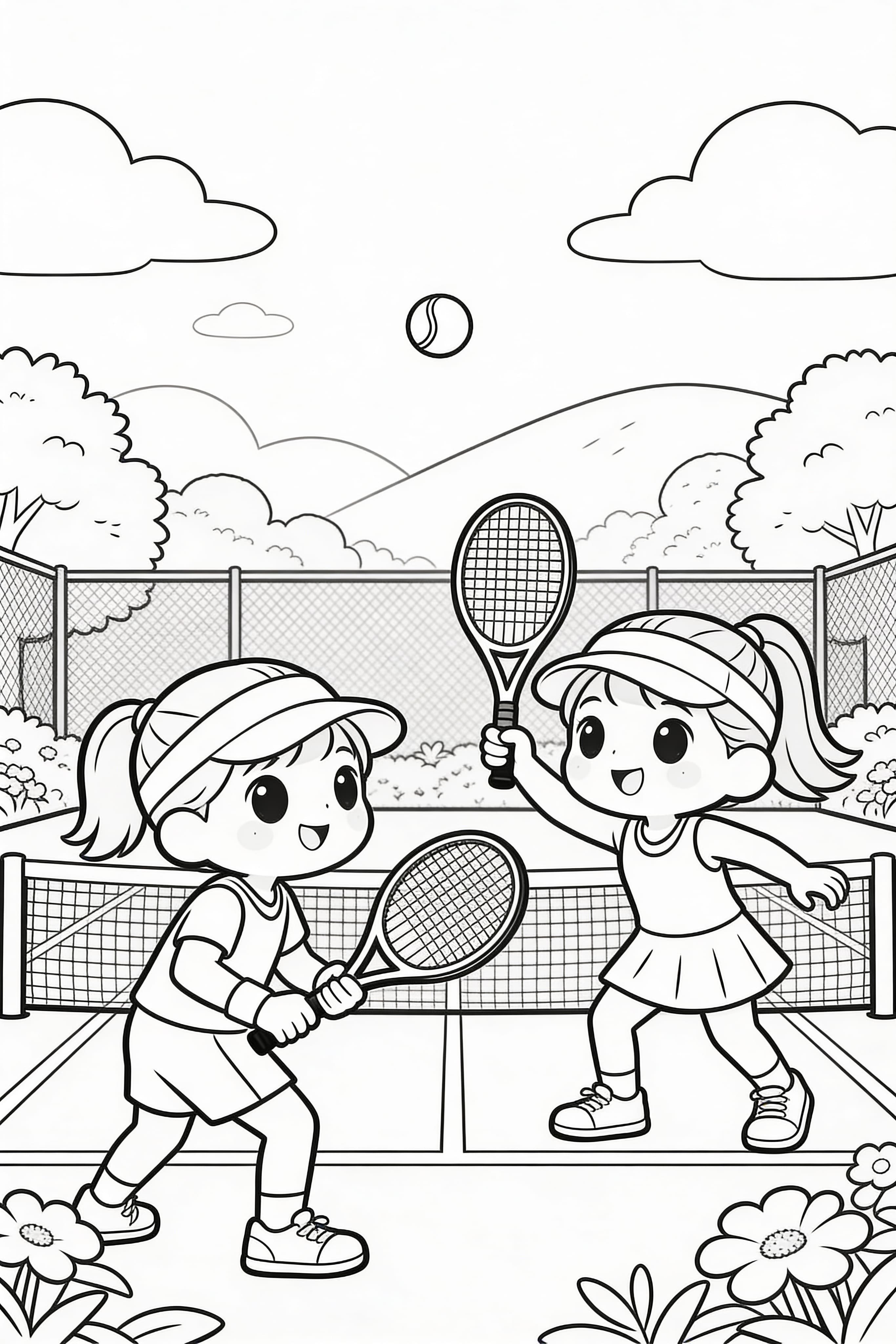 Cute cartoon tennis match between friends on a nature-surrounded court