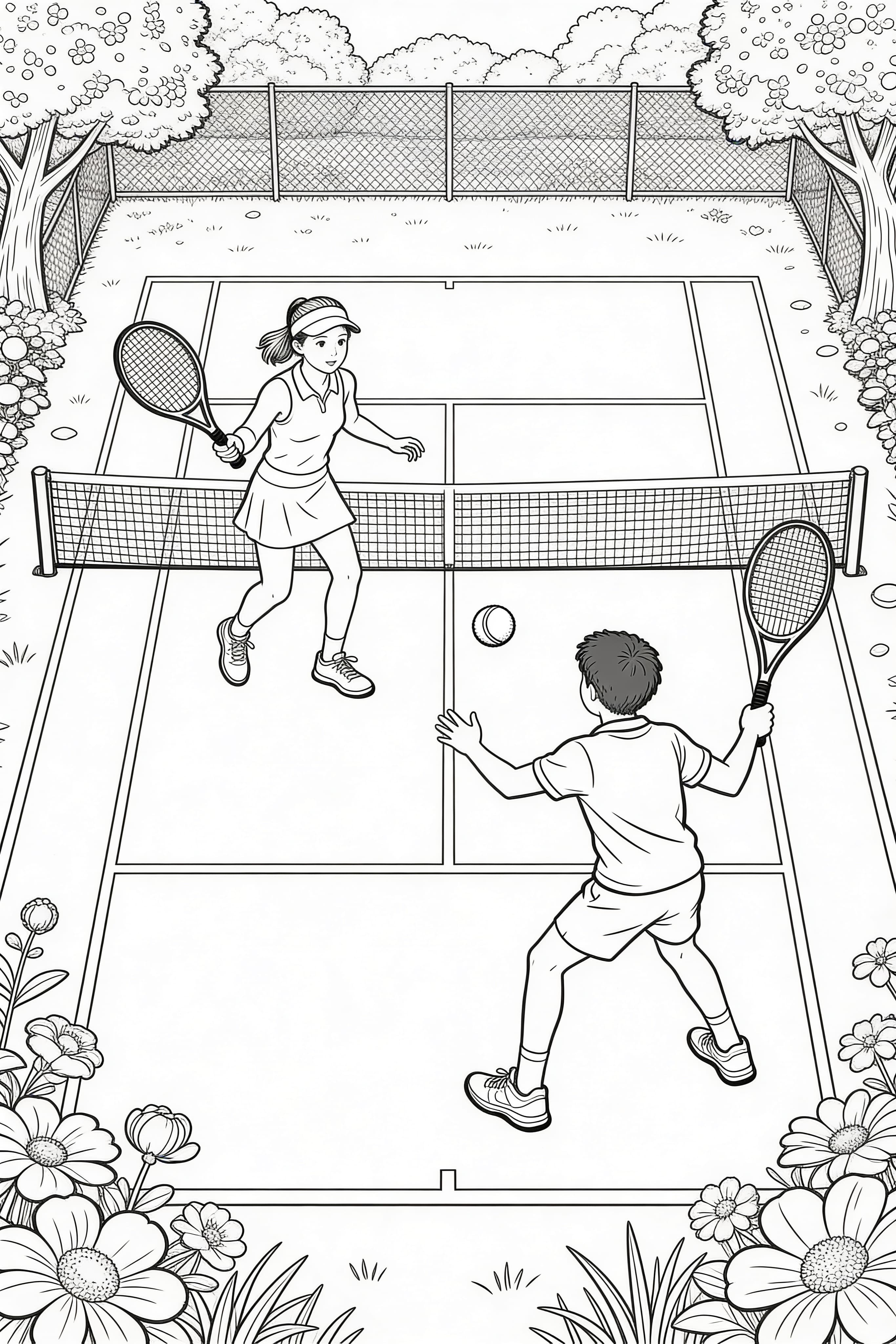 Detailed coloring page of a tennis match between friends in nature