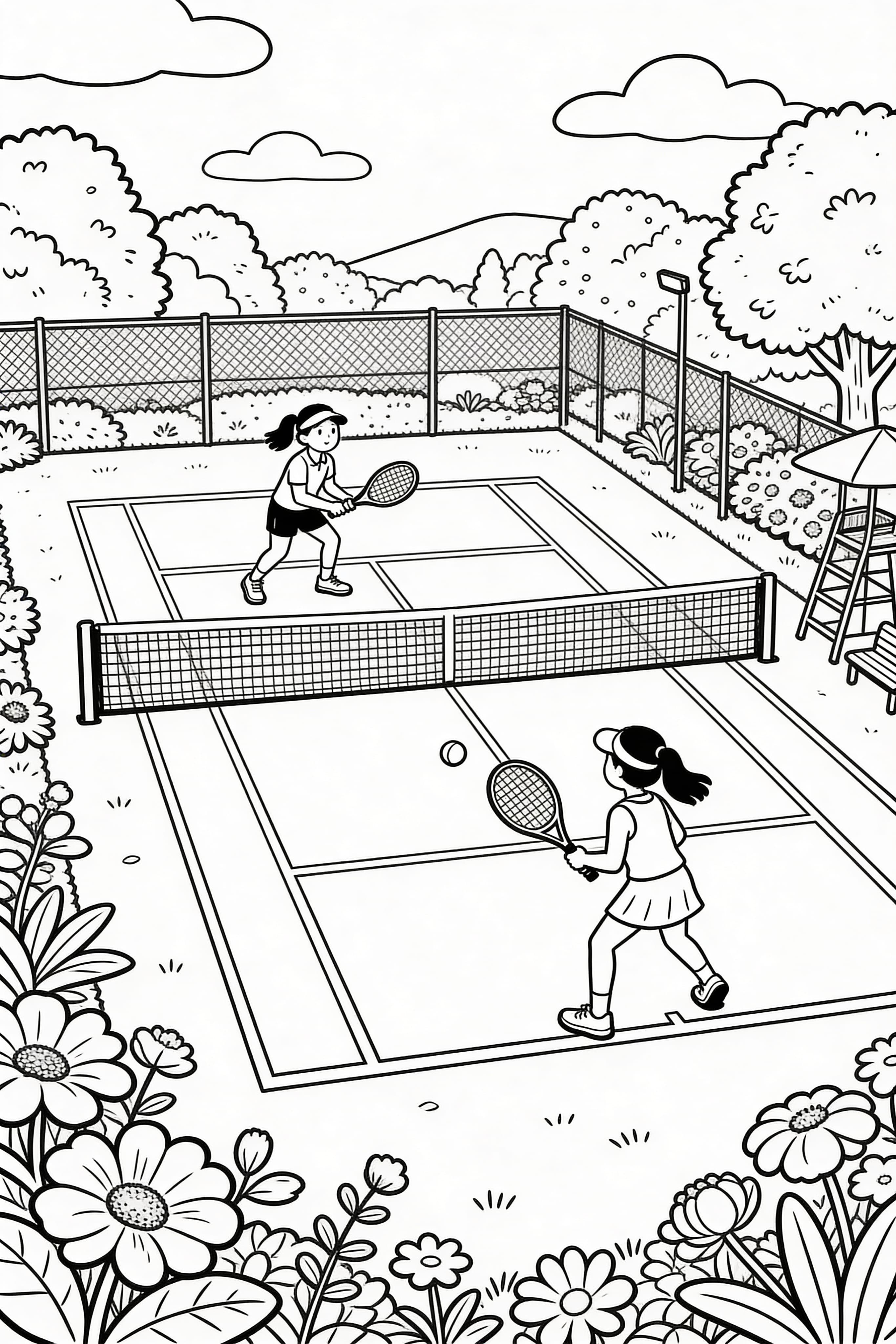 Doodle style tennis match between friends on a nature-surrounded court