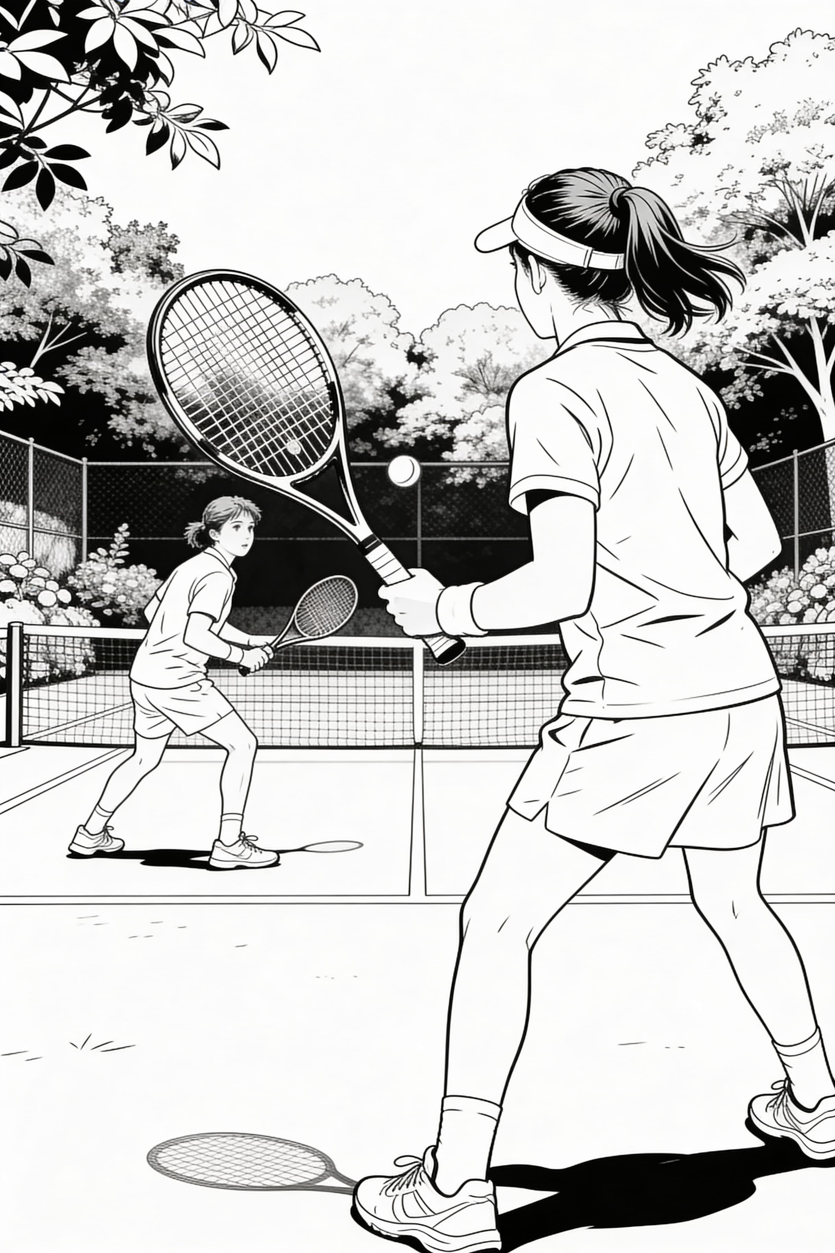 Two friends playing tennis on a scenic court surrounded by nature, detailed for coloring