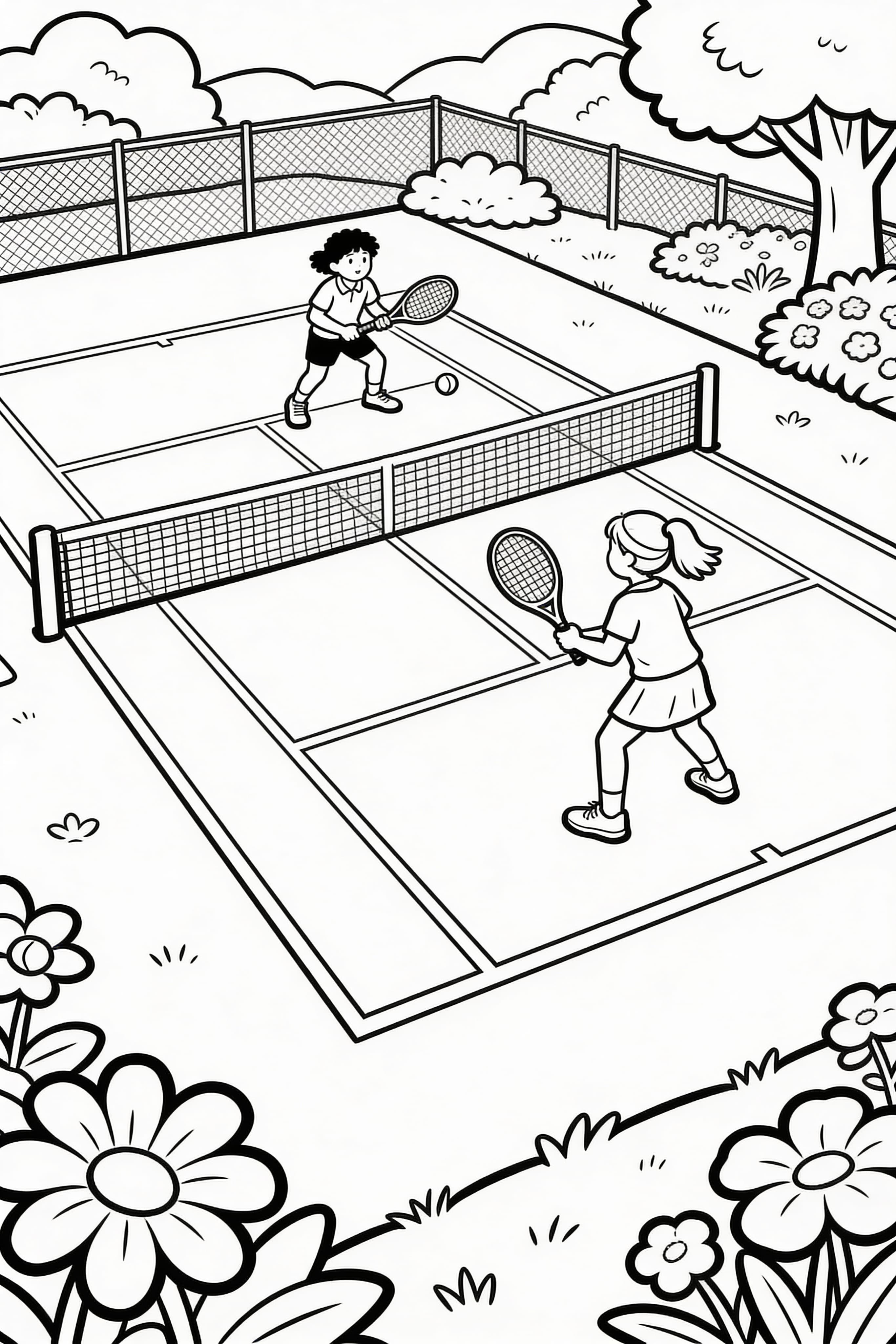 Two friends playing tennis on a nature-surrounded court coloring page