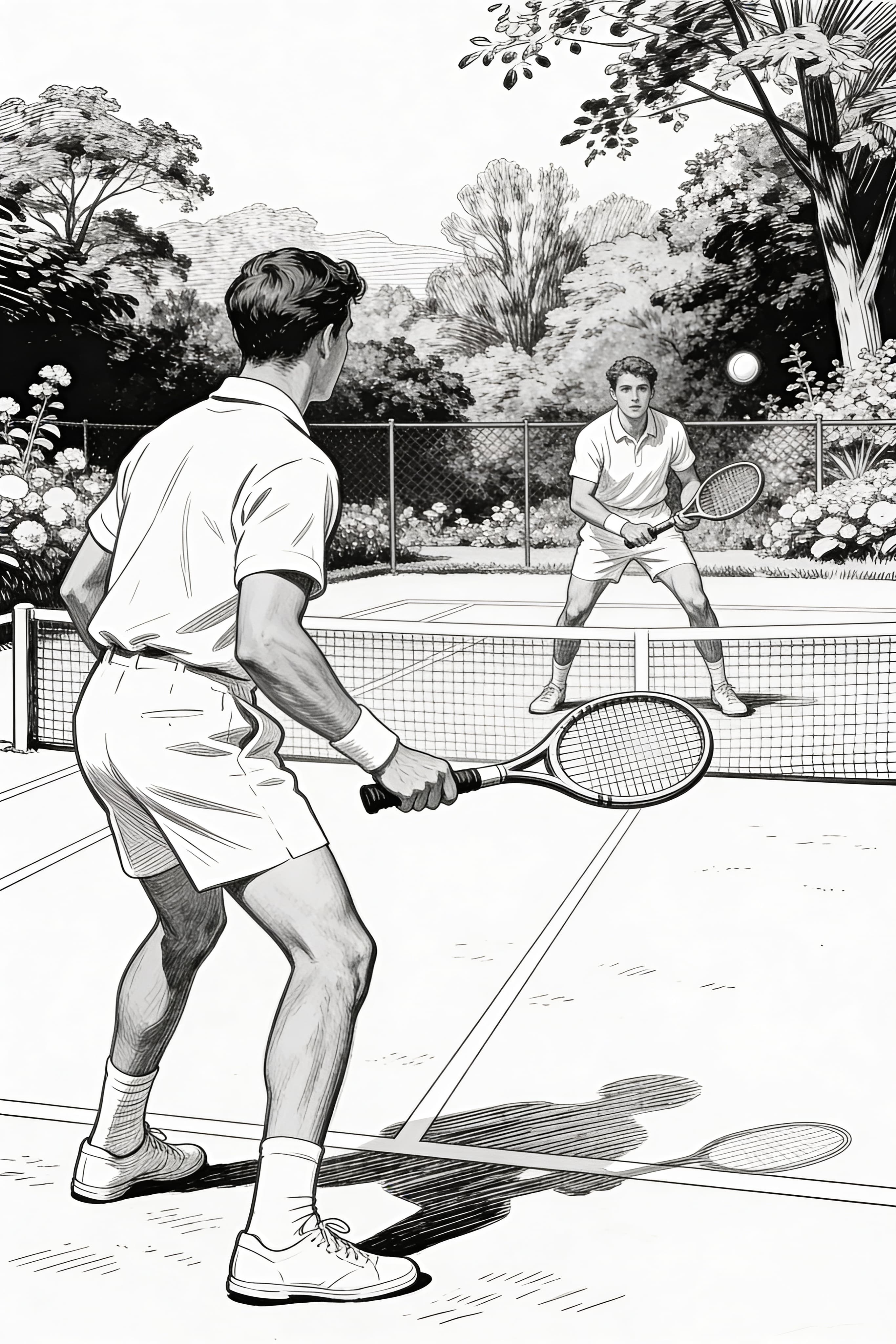 Vintage Tennis Match Coloring Page Free Download