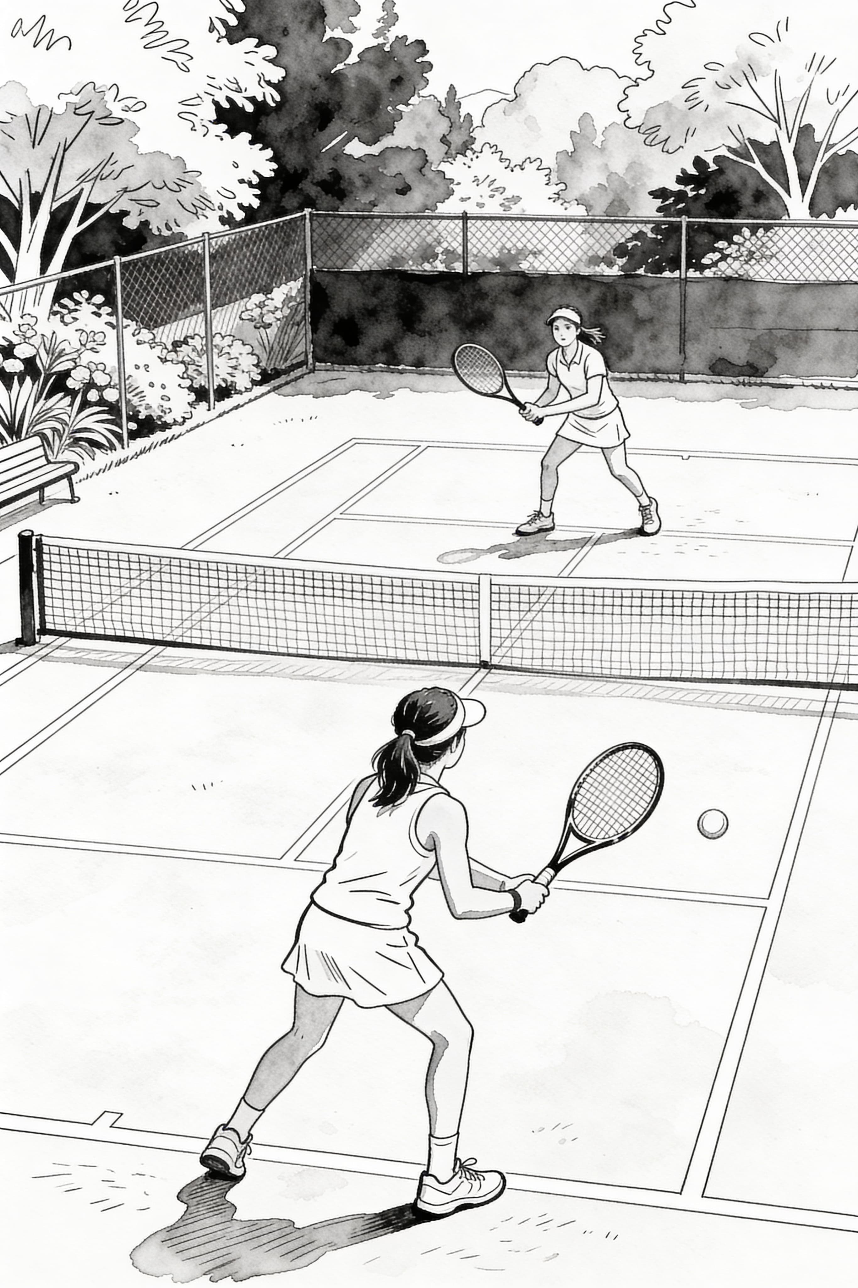 Watercolor outline of a tennis match between friends on a nature-surrounded court