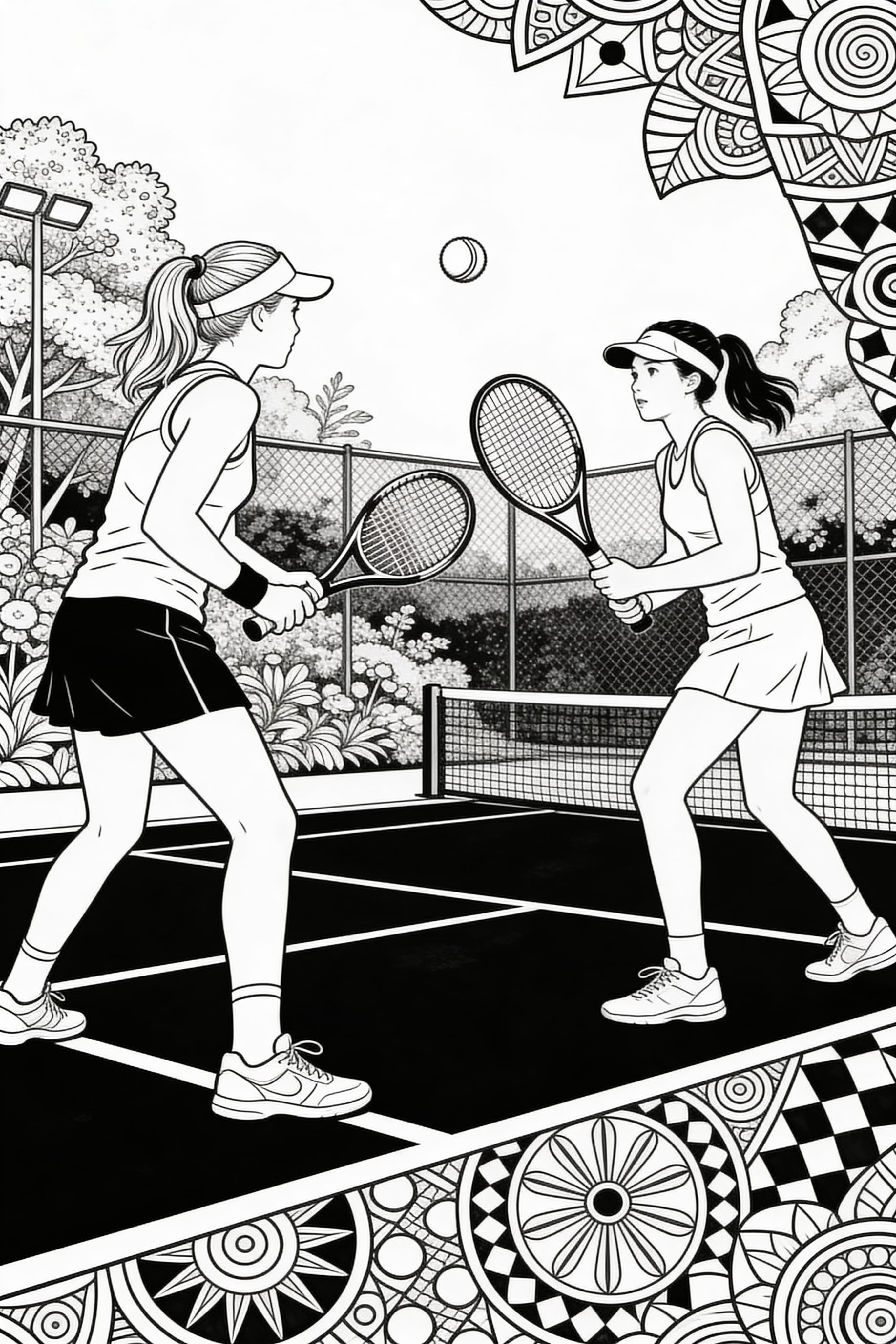 Zentangle-style tennis match coloring page with nature background