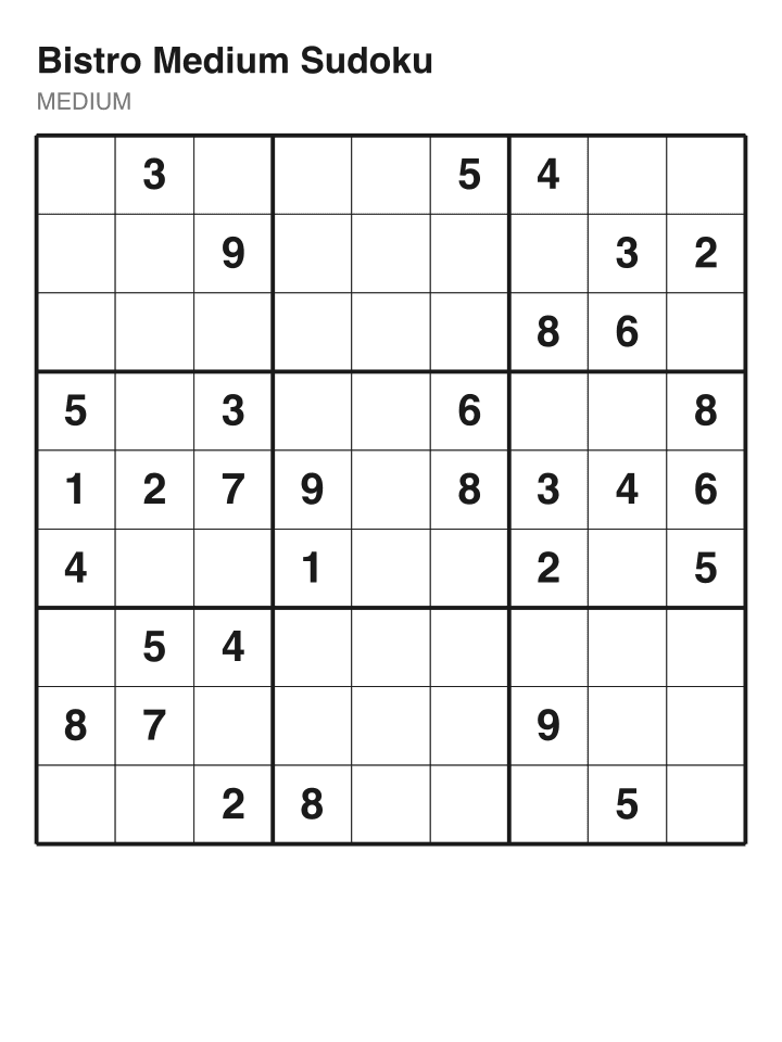 Bistro Medium Sudoku