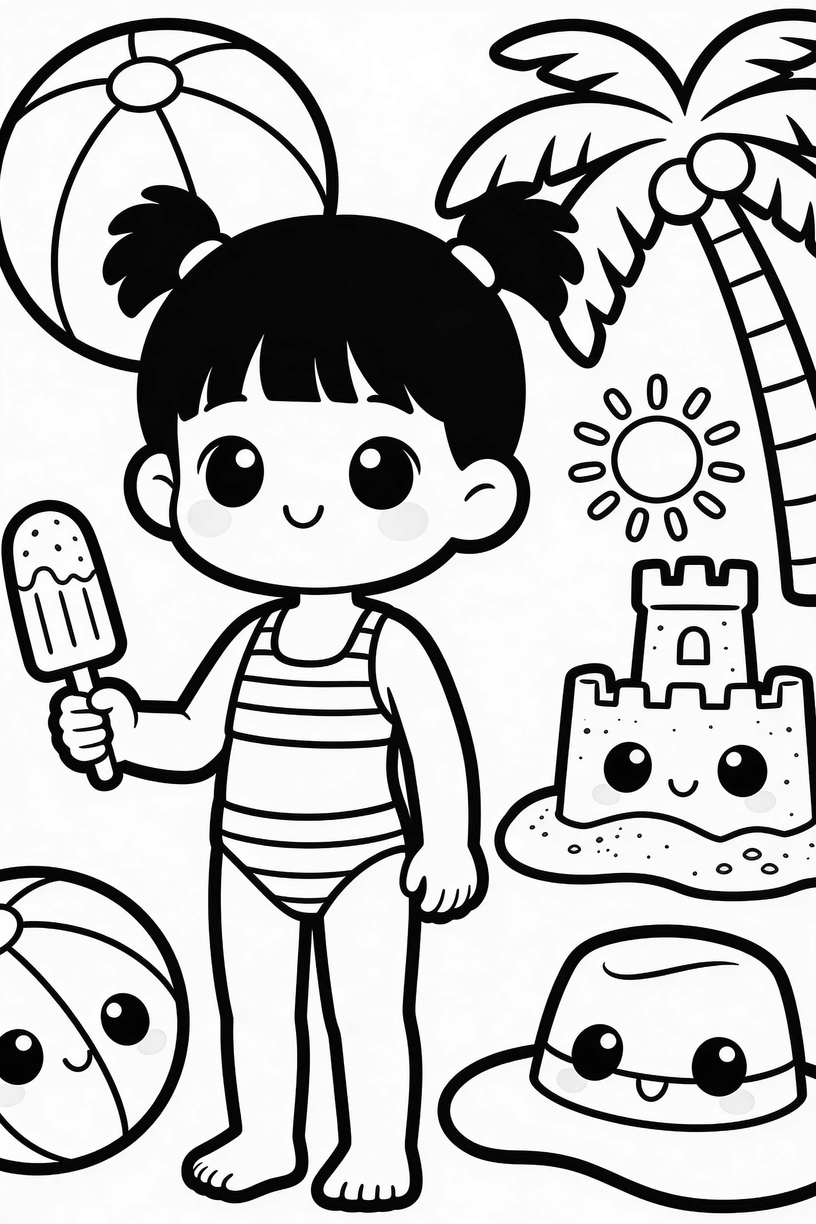 Cute cartoon summer holiday coloring page with beach and sun elements
