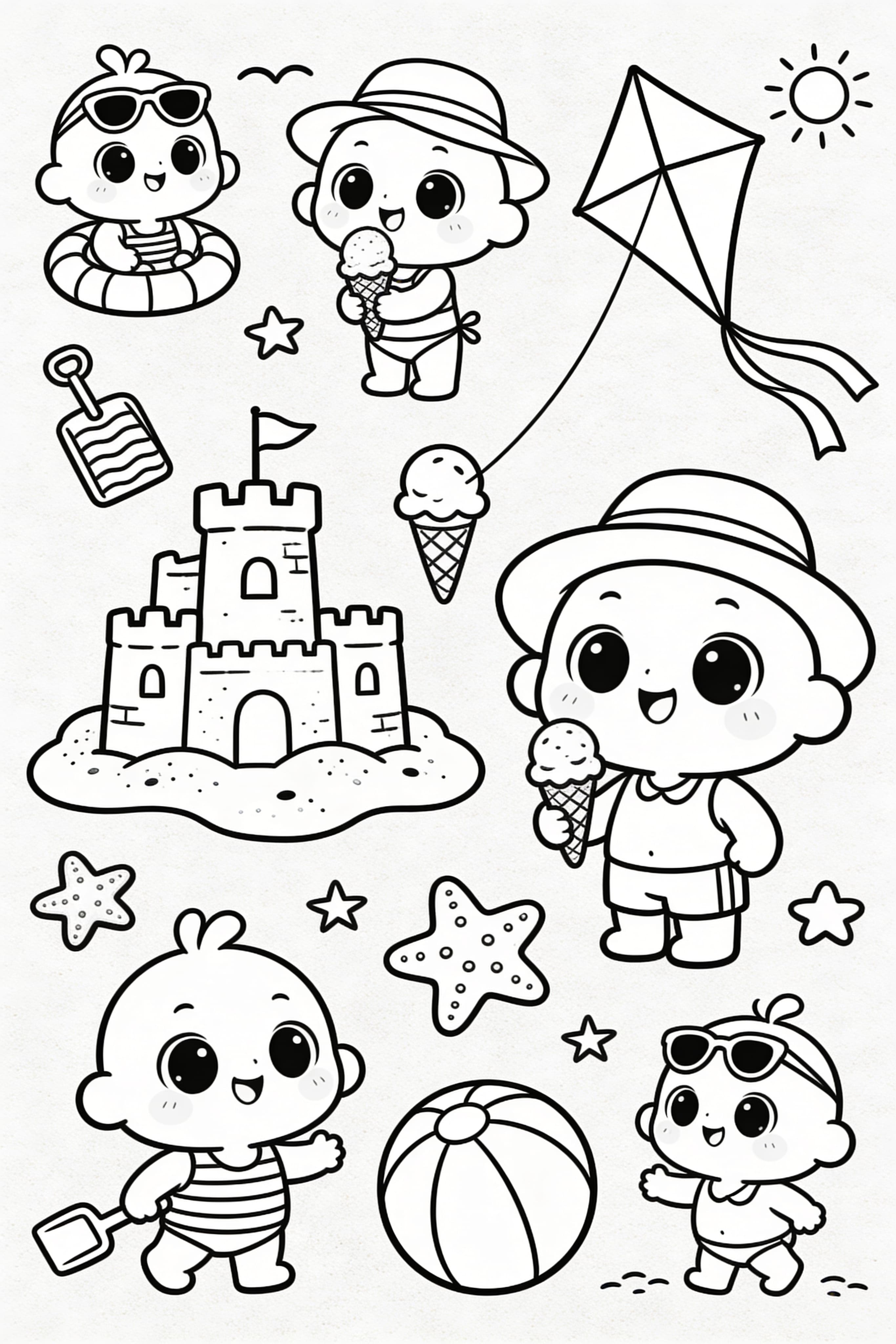 Cute cartoon style summer holiday coloring page with beach scene
