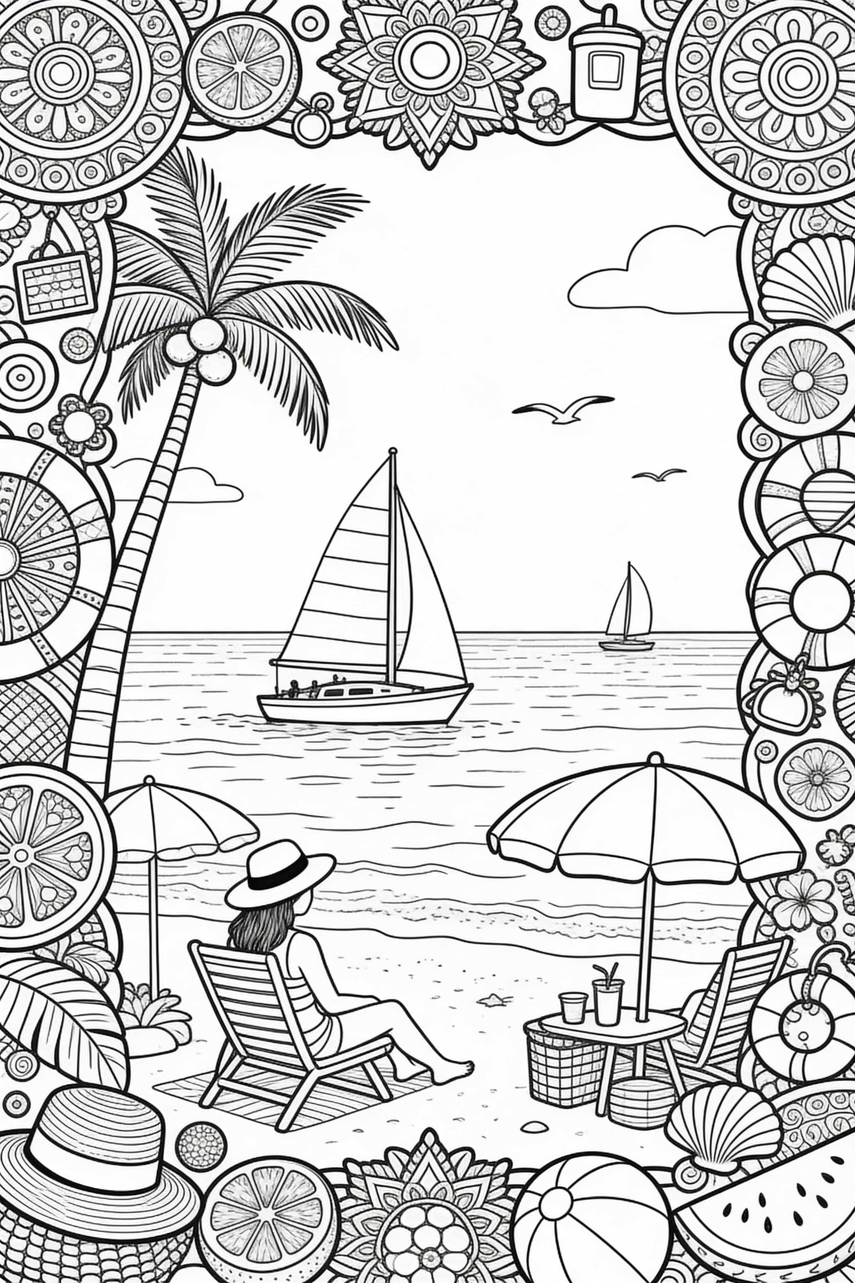 Intricate adult coloring page depicting a summer holiday scene for Thanksgiving relaxation