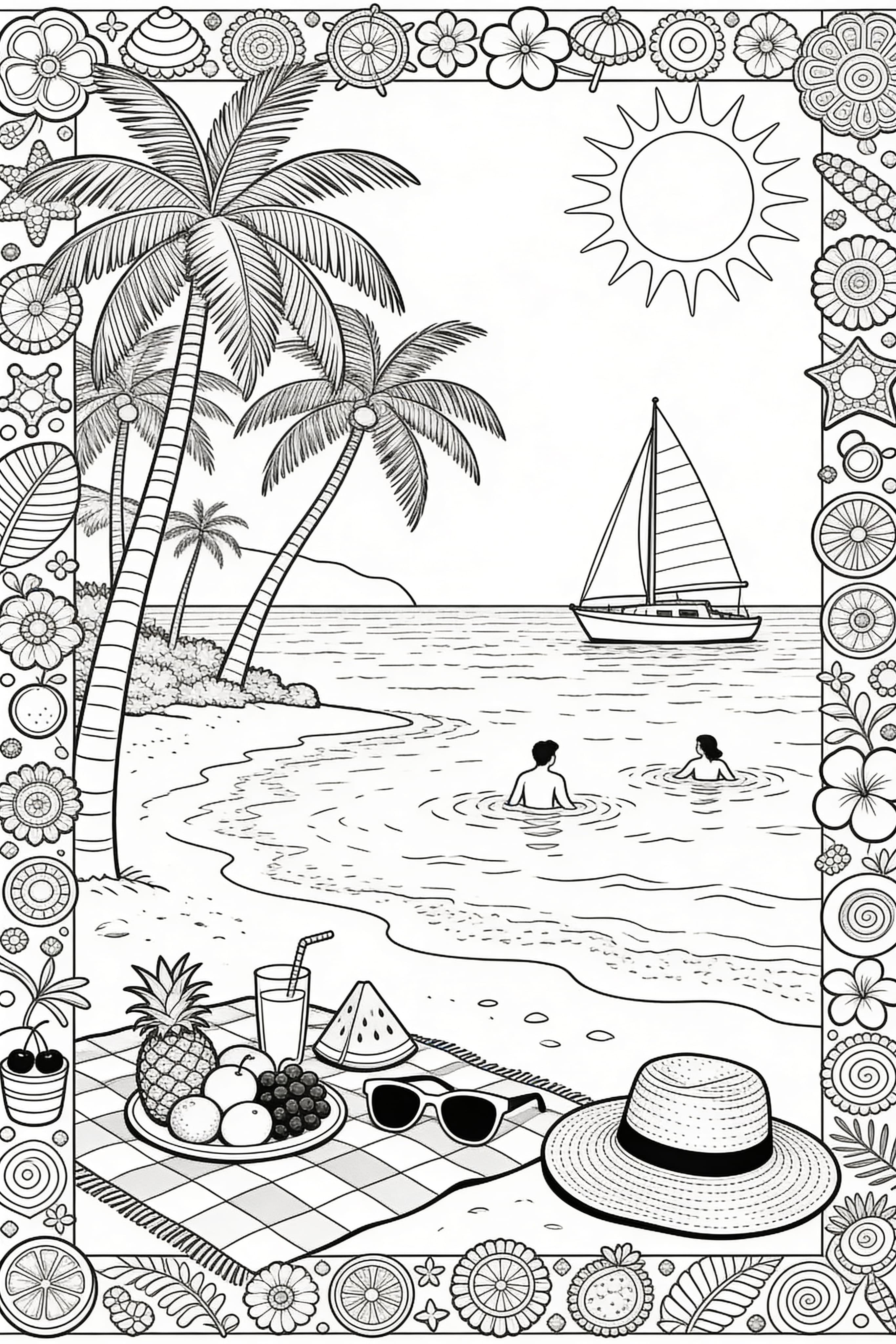 Detailed adult coloring page featuring a summer holiday theme