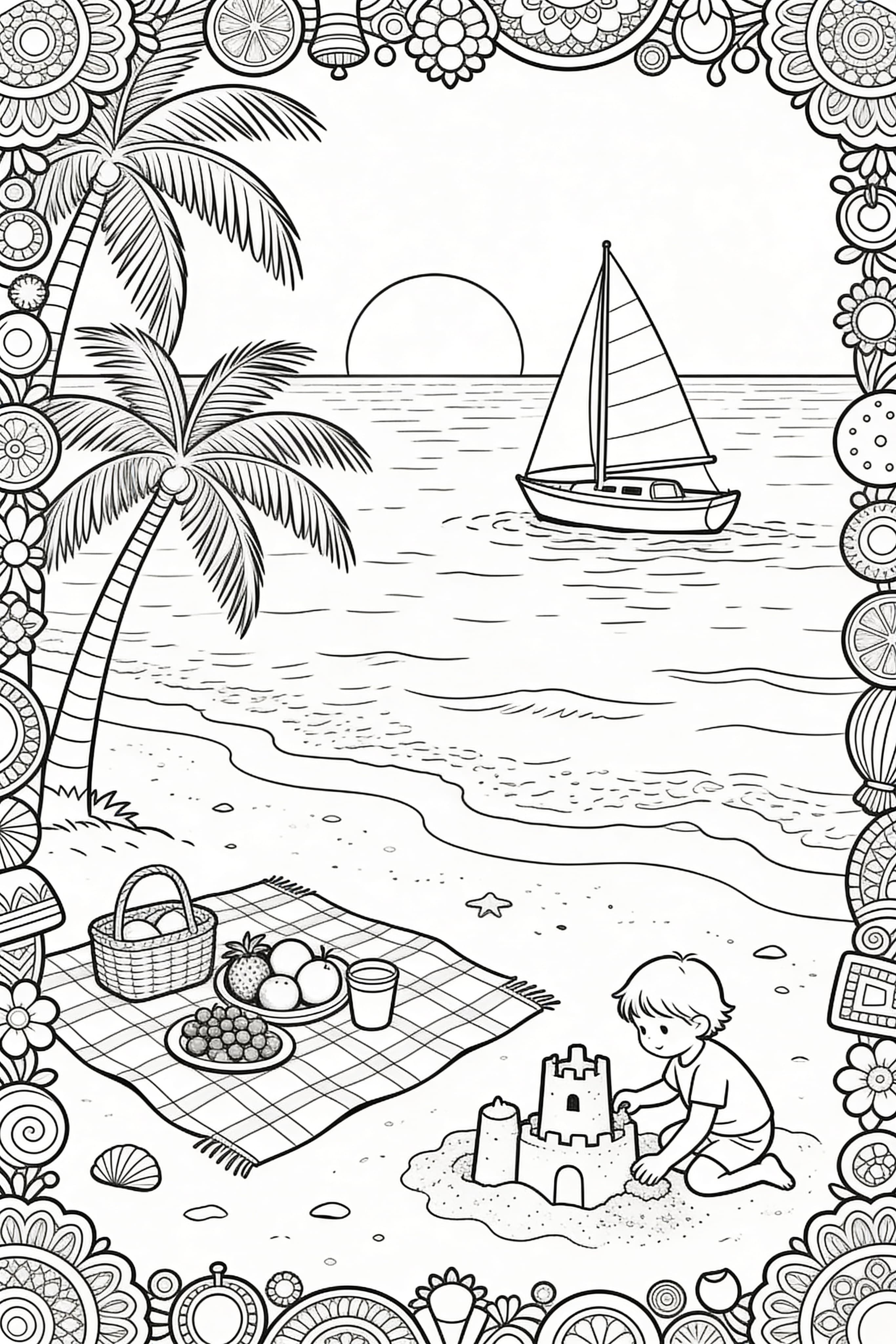 Intricate adult coloring page of a summer holiday theme for Thanksgiving