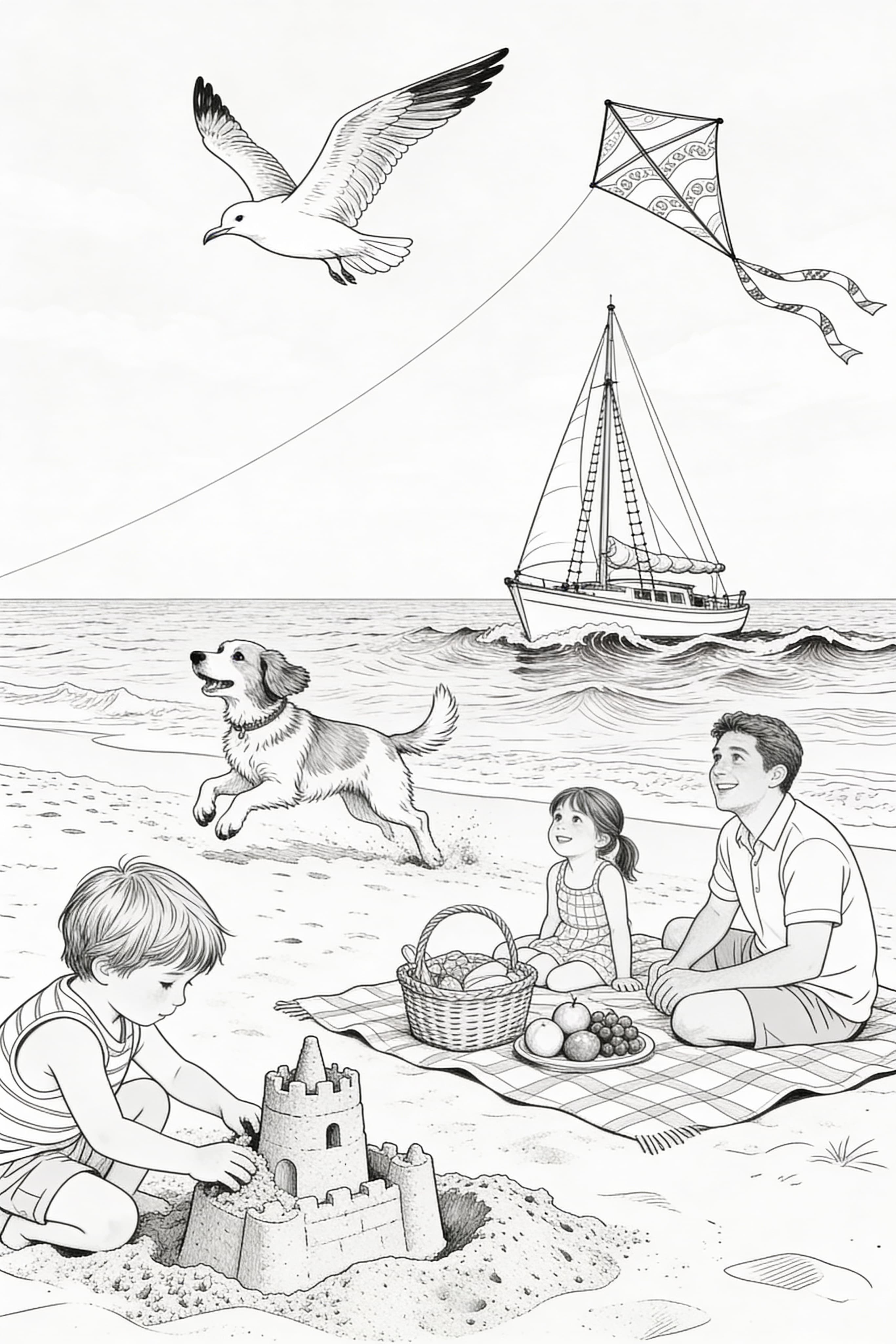 Realistic style coloring page of a summer holiday scene