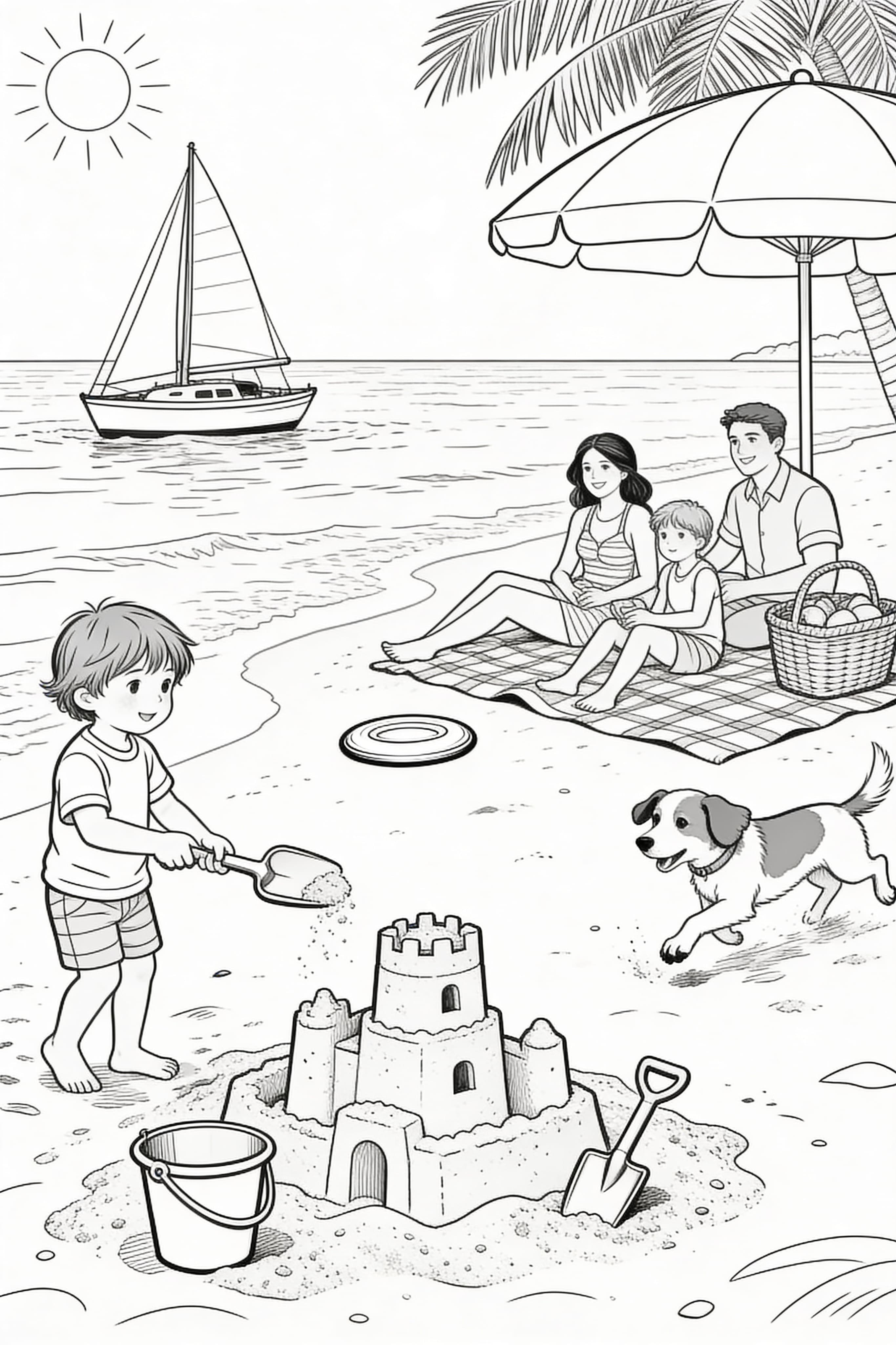 Printable coloring page featuring a realistic summer holiday scene