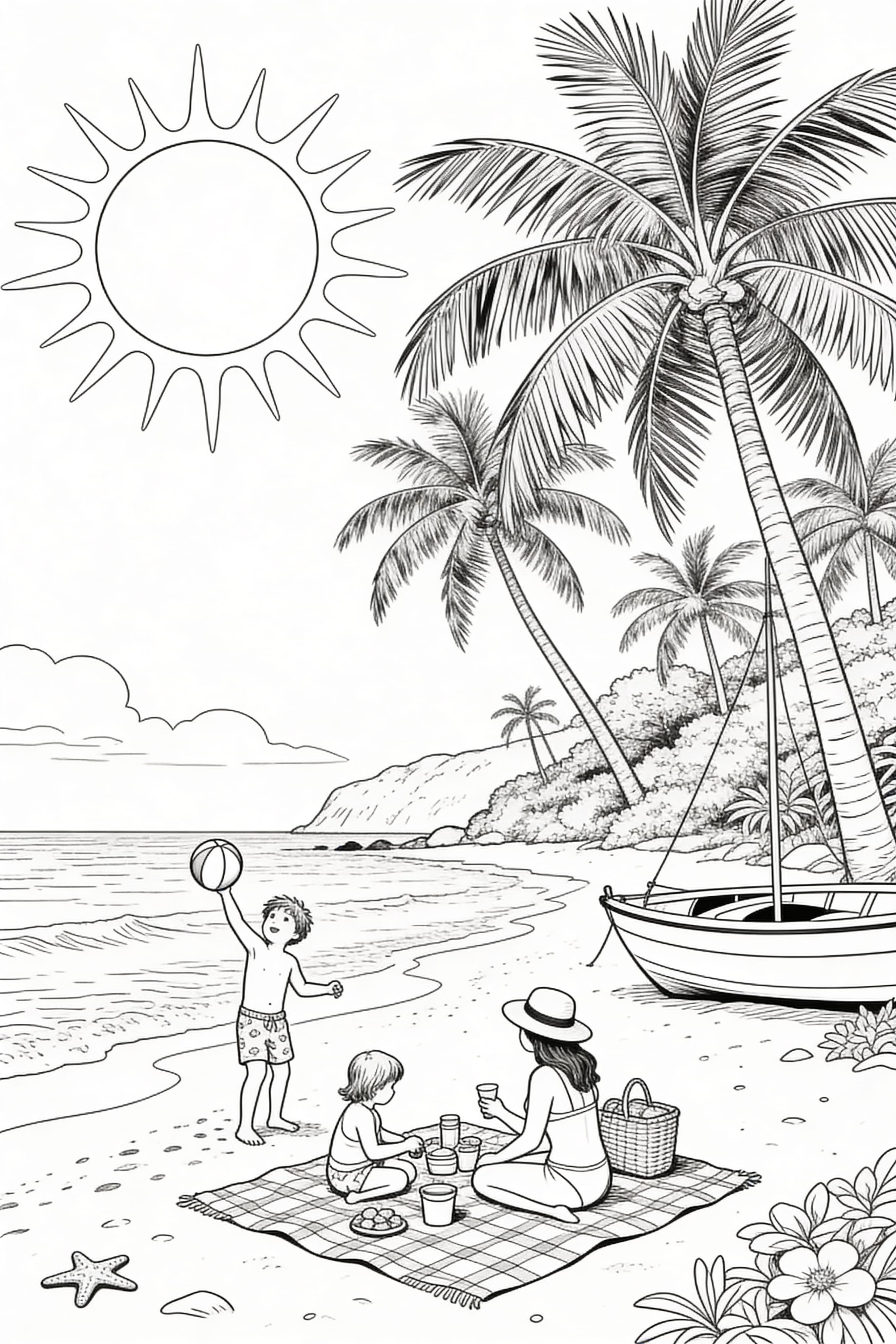 A detailed realistic summer holiday scene for coloring, free printable