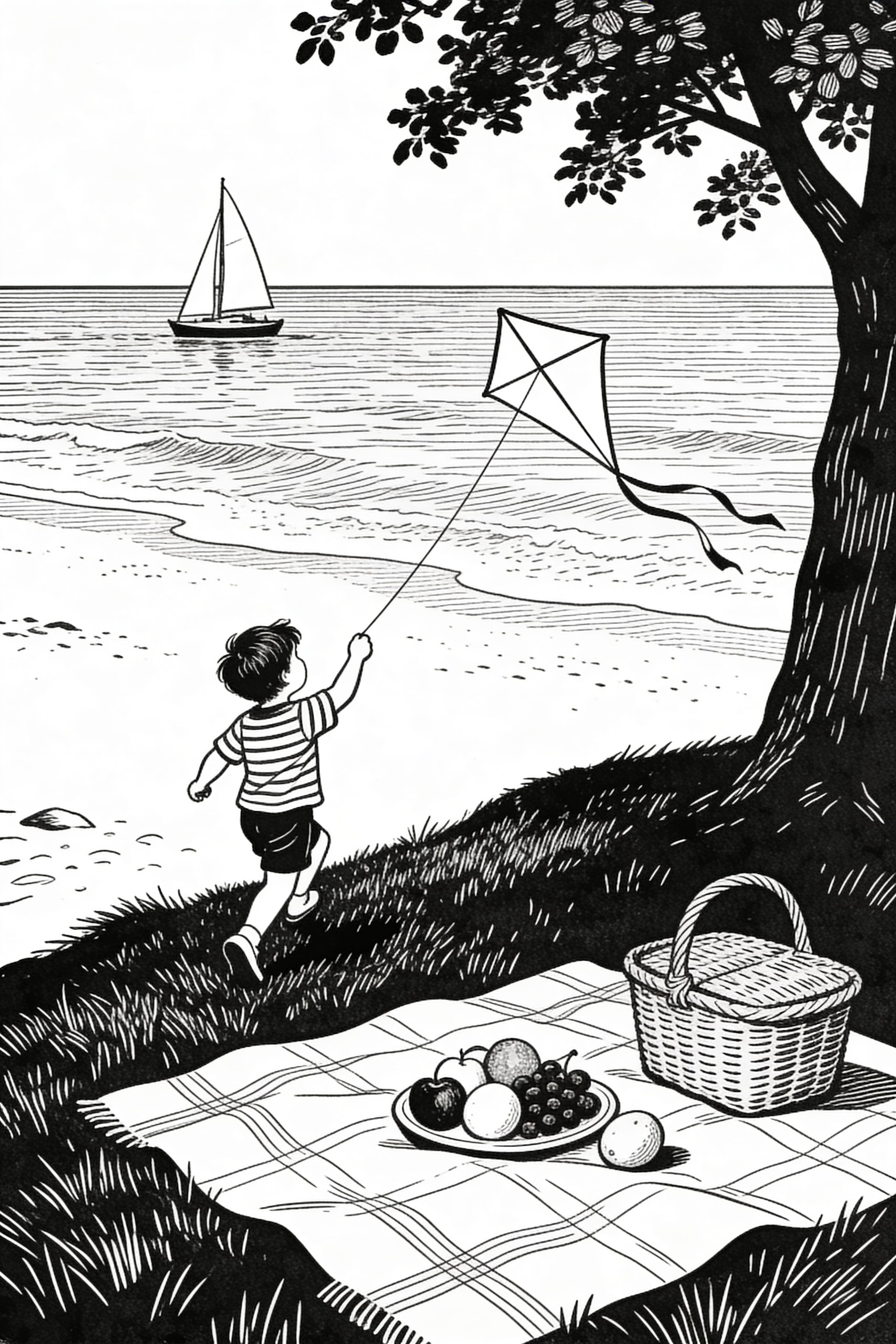 Vintage style summer holiday coloring page with Thanksgiving theme