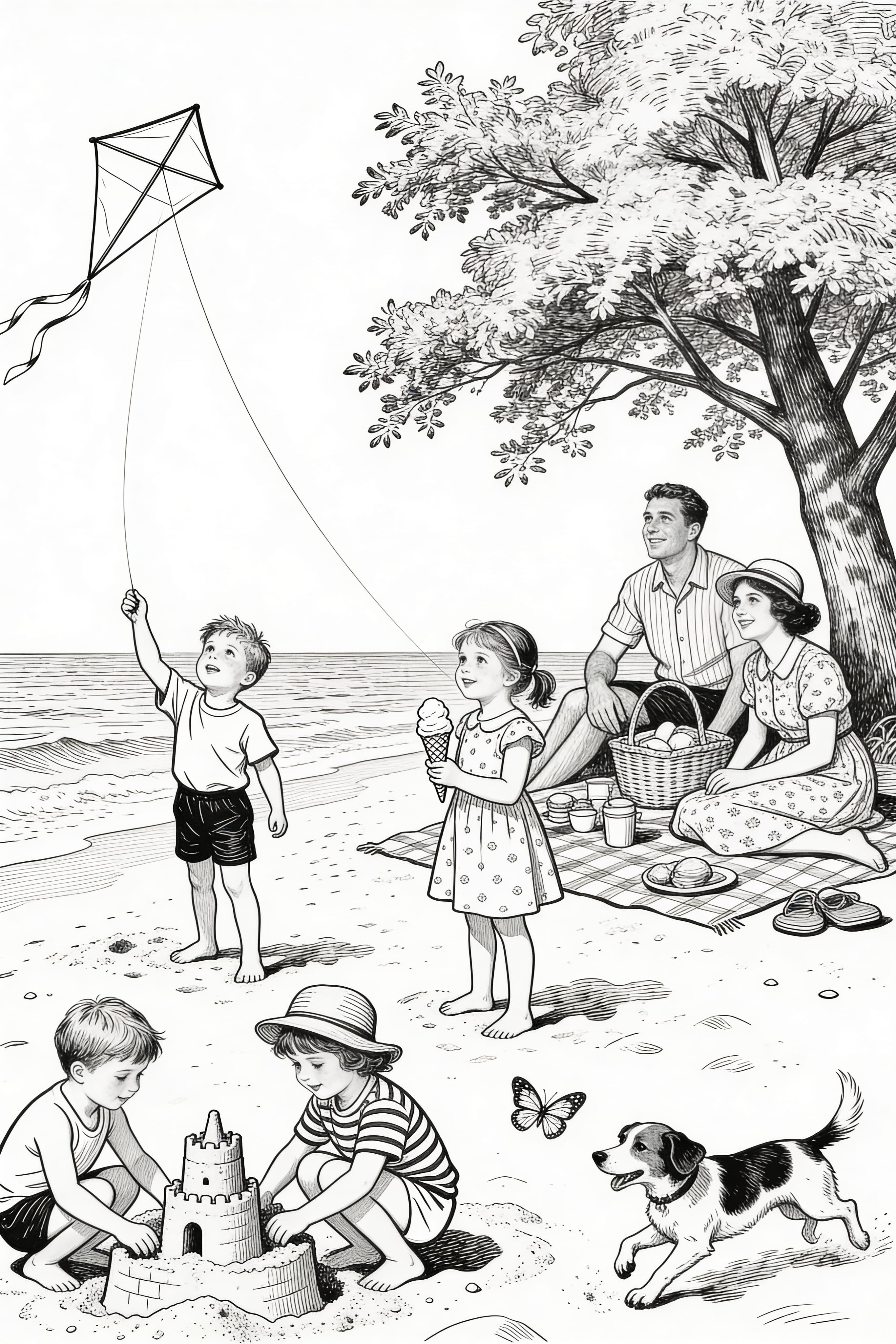Vintage style summer holiday coloring page with beach scene