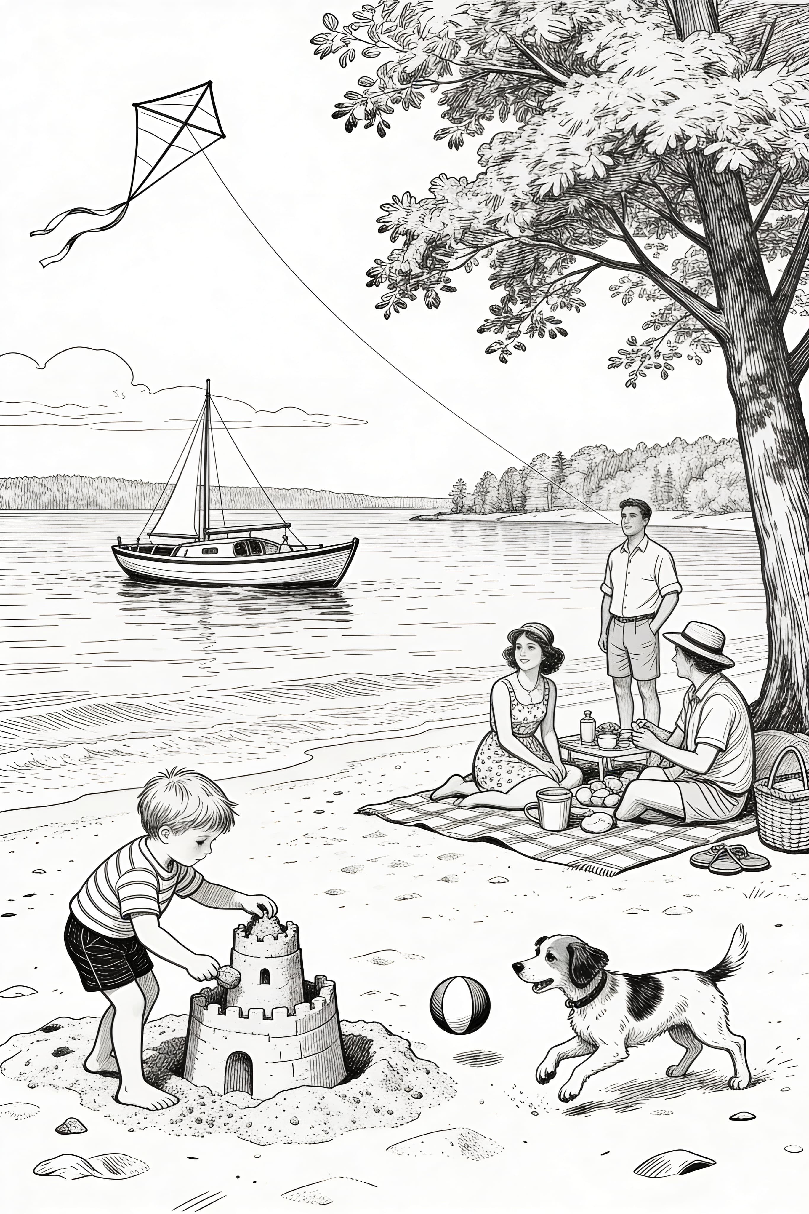 Vintage style summer holiday coloring page, free printable, for Thanksgiving
