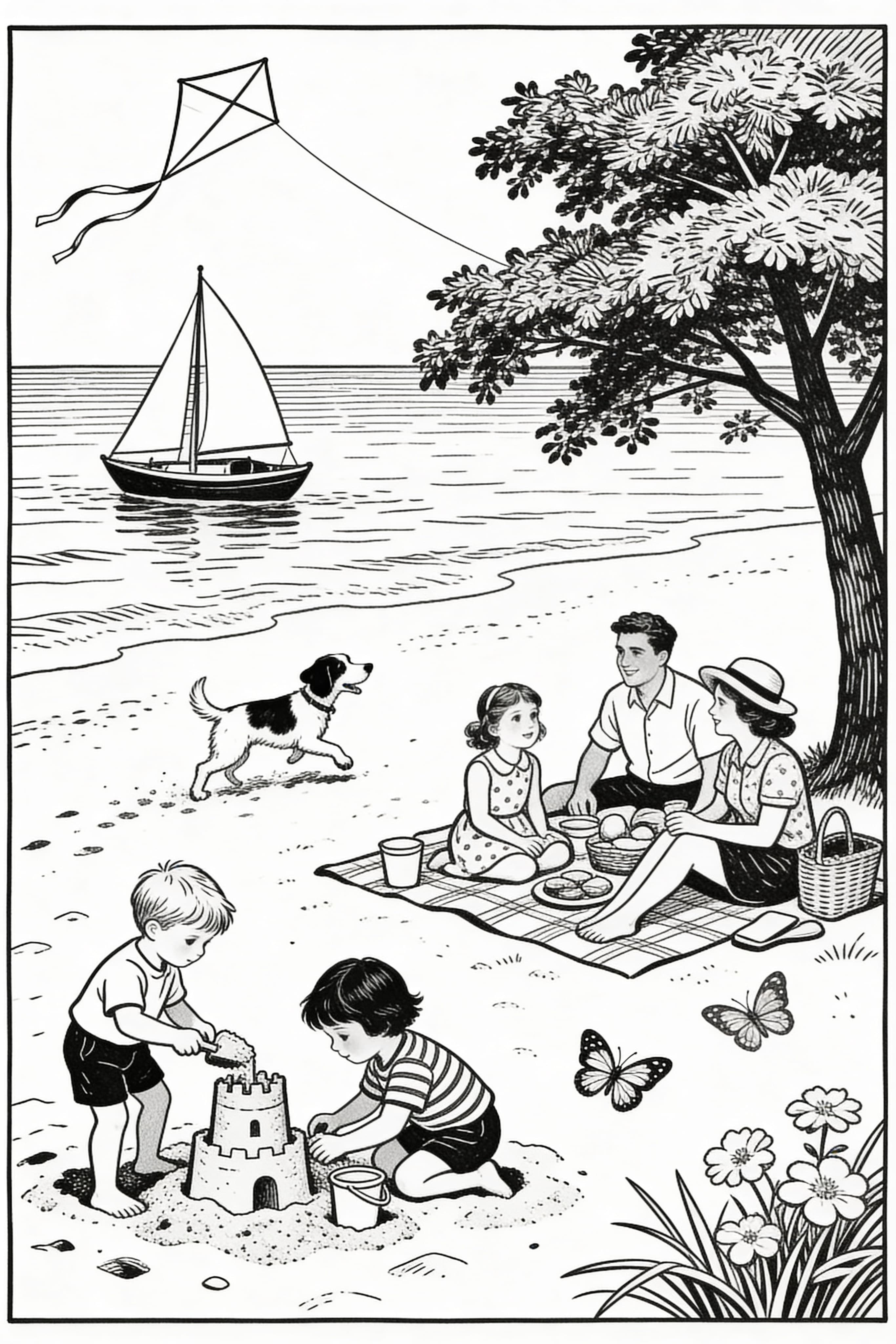 Vintage summer holiday scene with beach, sun, and umbrella for coloring