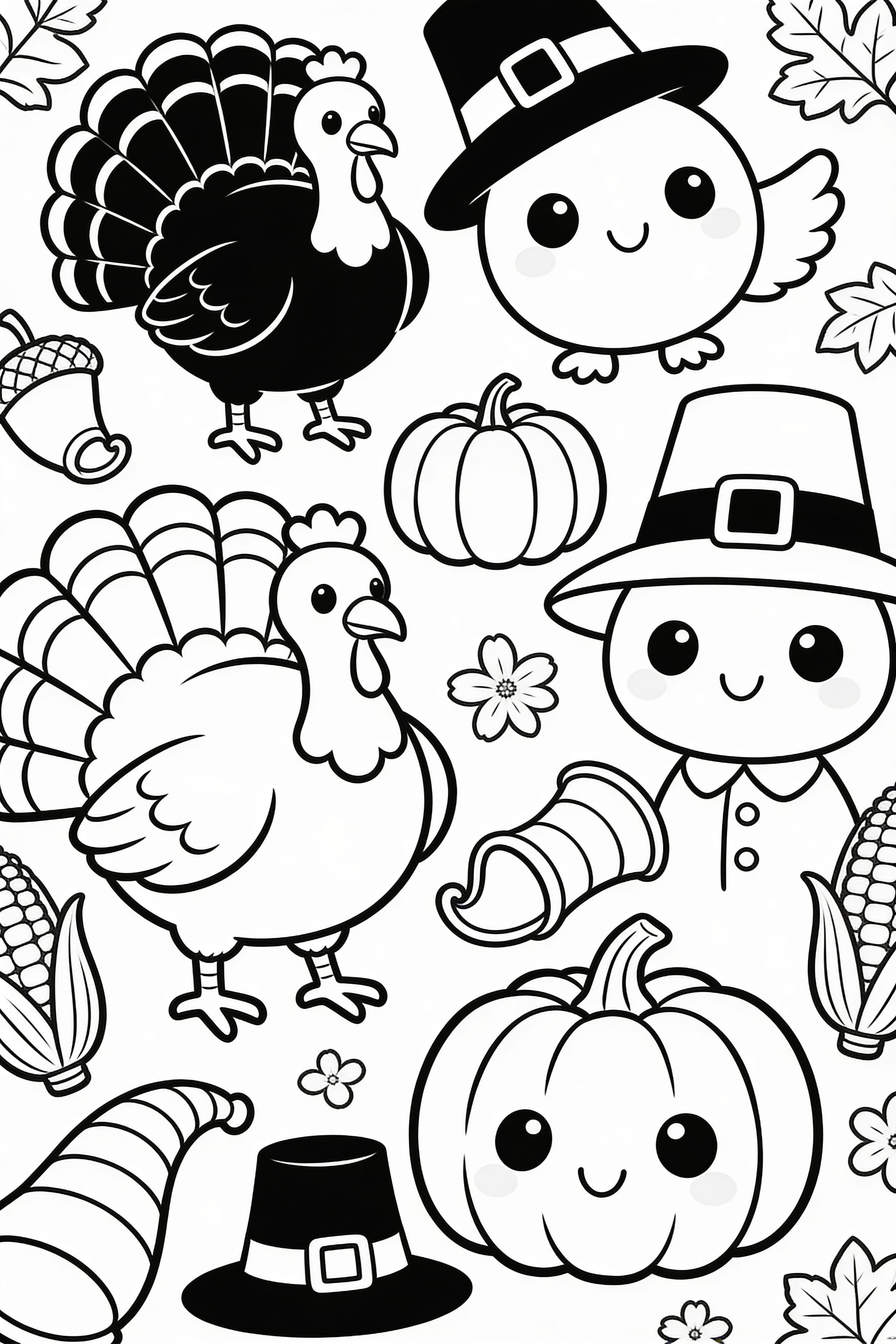 Cute cartoon Thanksgiving celebration with turkey and kids coloring page